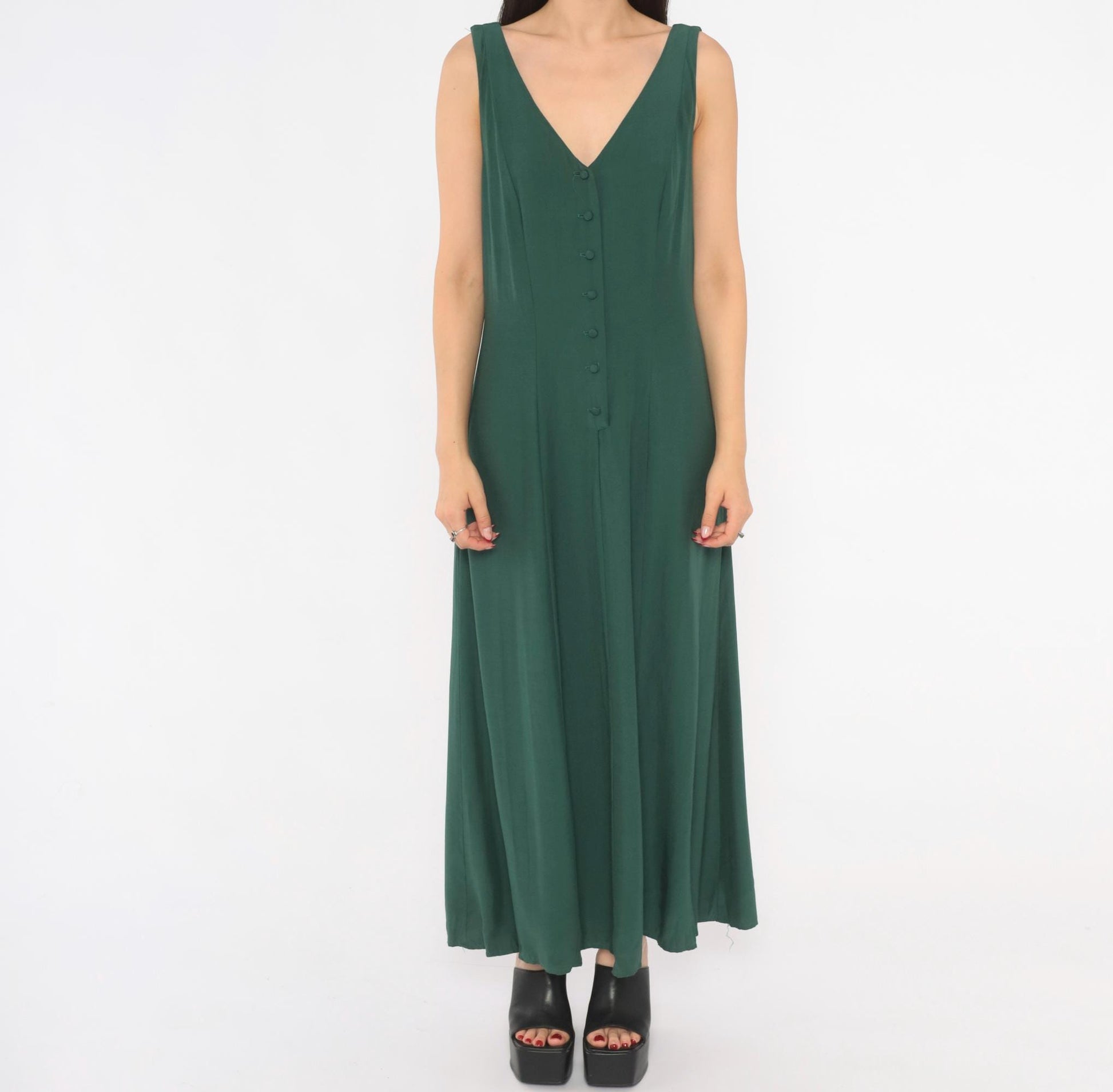 90s Olive Green Maxi Dress Sleeveless V Neck A Line Fitted Waist Medium M
