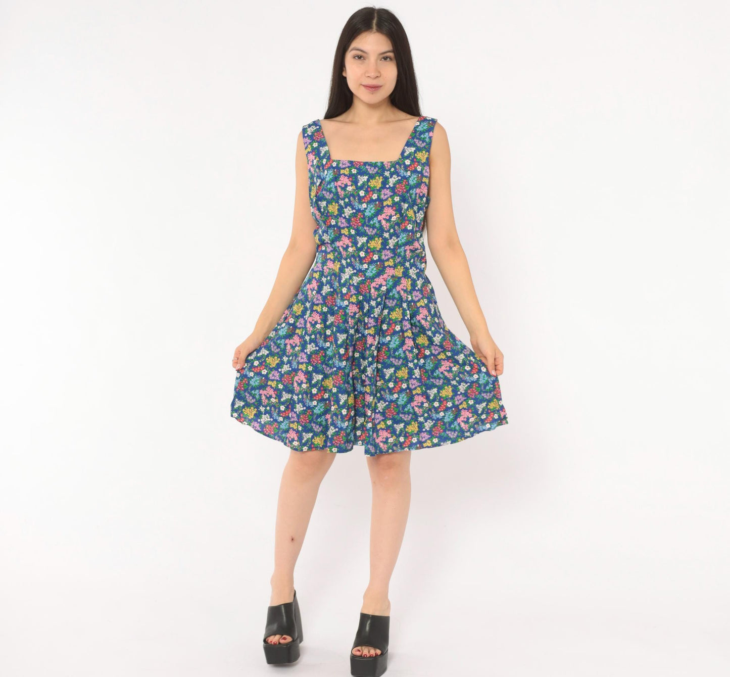 90s Liz Claiborne Floral Sundress Blue Pink Garden Print Mini Medium M