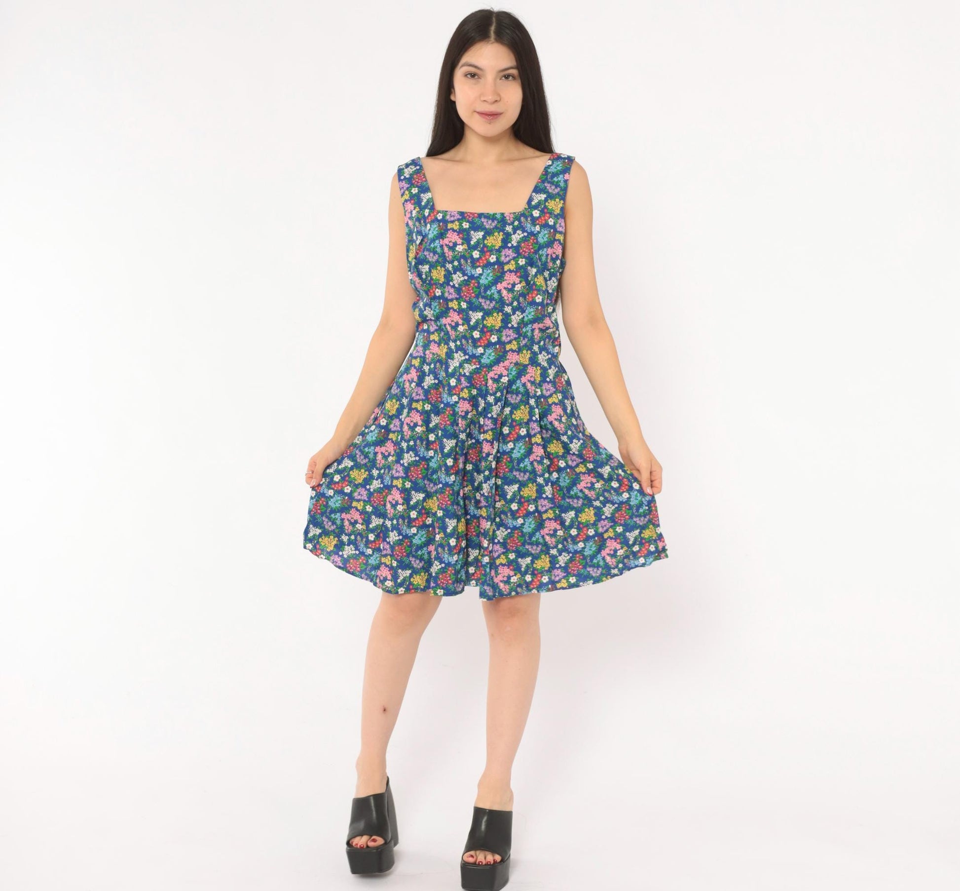 90s Liz Claiborne Floral Sundress Blue Pink Garden Print Mini Medium M