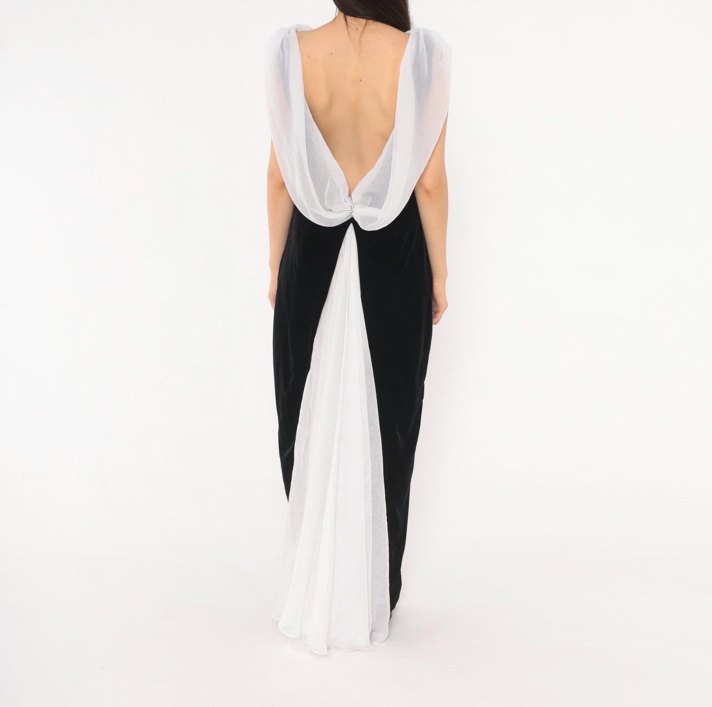 90s Night Way Black Velvet Column Gown White Chiffon Cowl Open Back Floor Length Large L