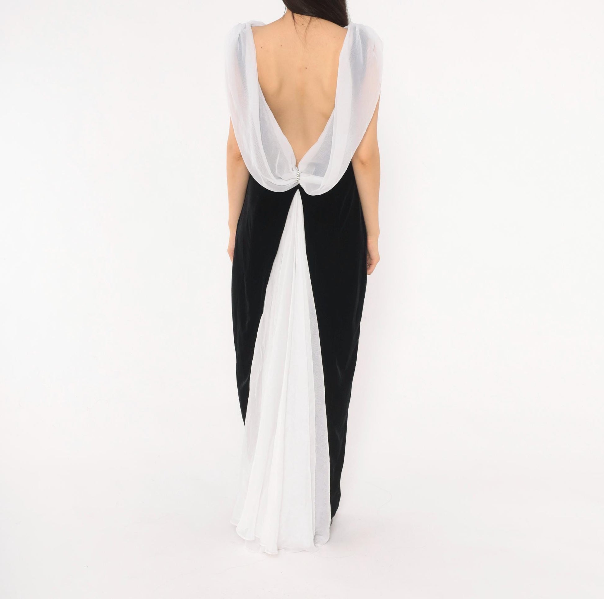 90s Night Way Black Velvet Column Gown White Chiffon Cowl Open Back Floor Length Large L