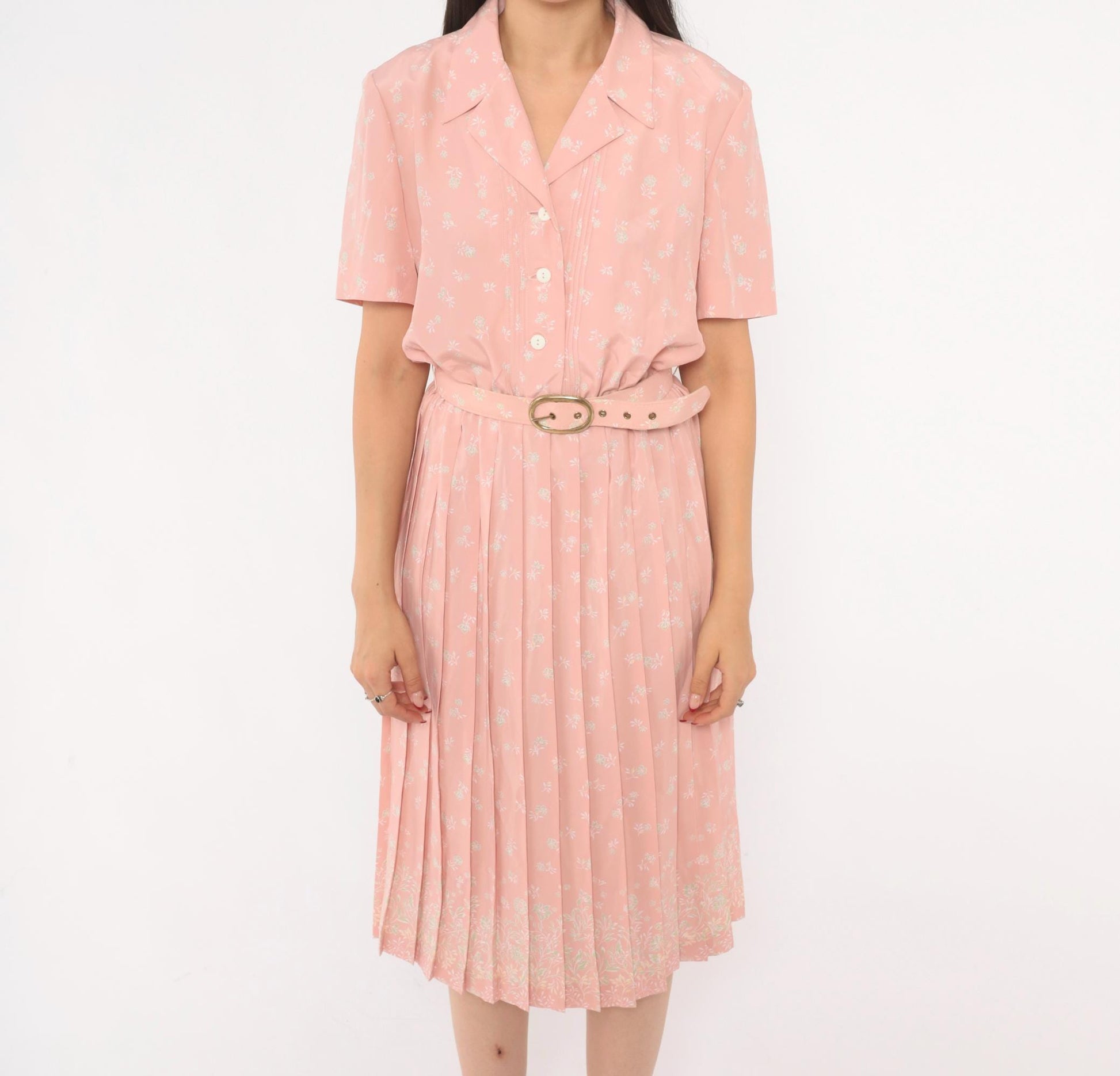 80s Leslie Fay Pink Floral Shirtdress Pleated Midi Notched Collar Small