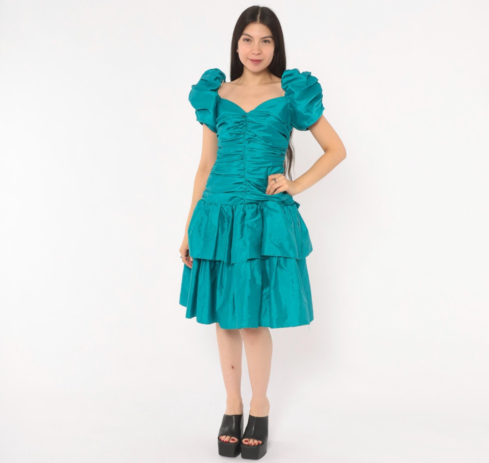 80s Teal Prom Dress Puff Sleeve Sweetheart Neckline Tiered Ruffle Skirt Small S