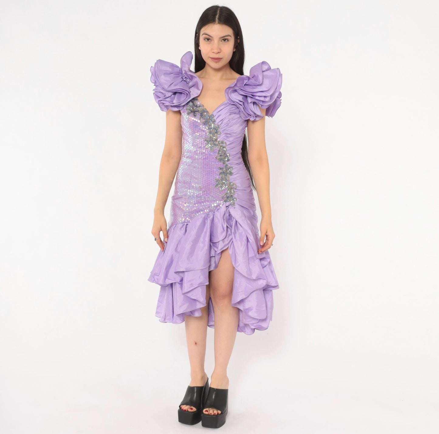 80s Alyce Designs Lilac Sequin Prom Dress Sweetheart Neckline Mermaid Hem Extra Small XS