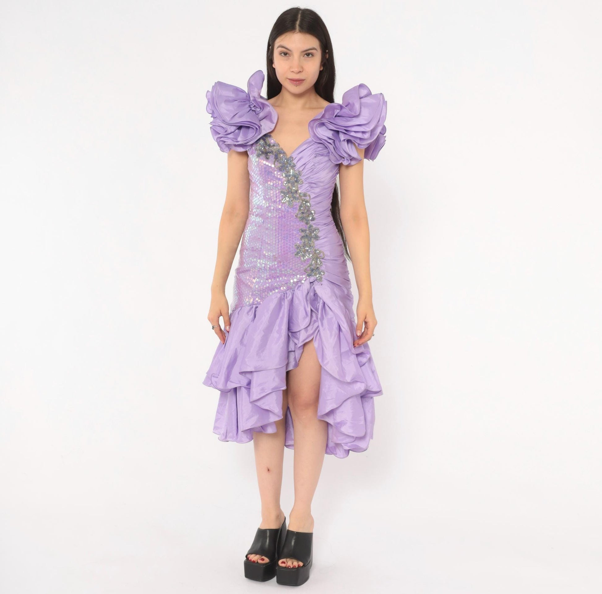 80s Alyce Designs Lilac Sequin Prom Dress Sweetheart Neckline Mermaid Hem Extra Small XS