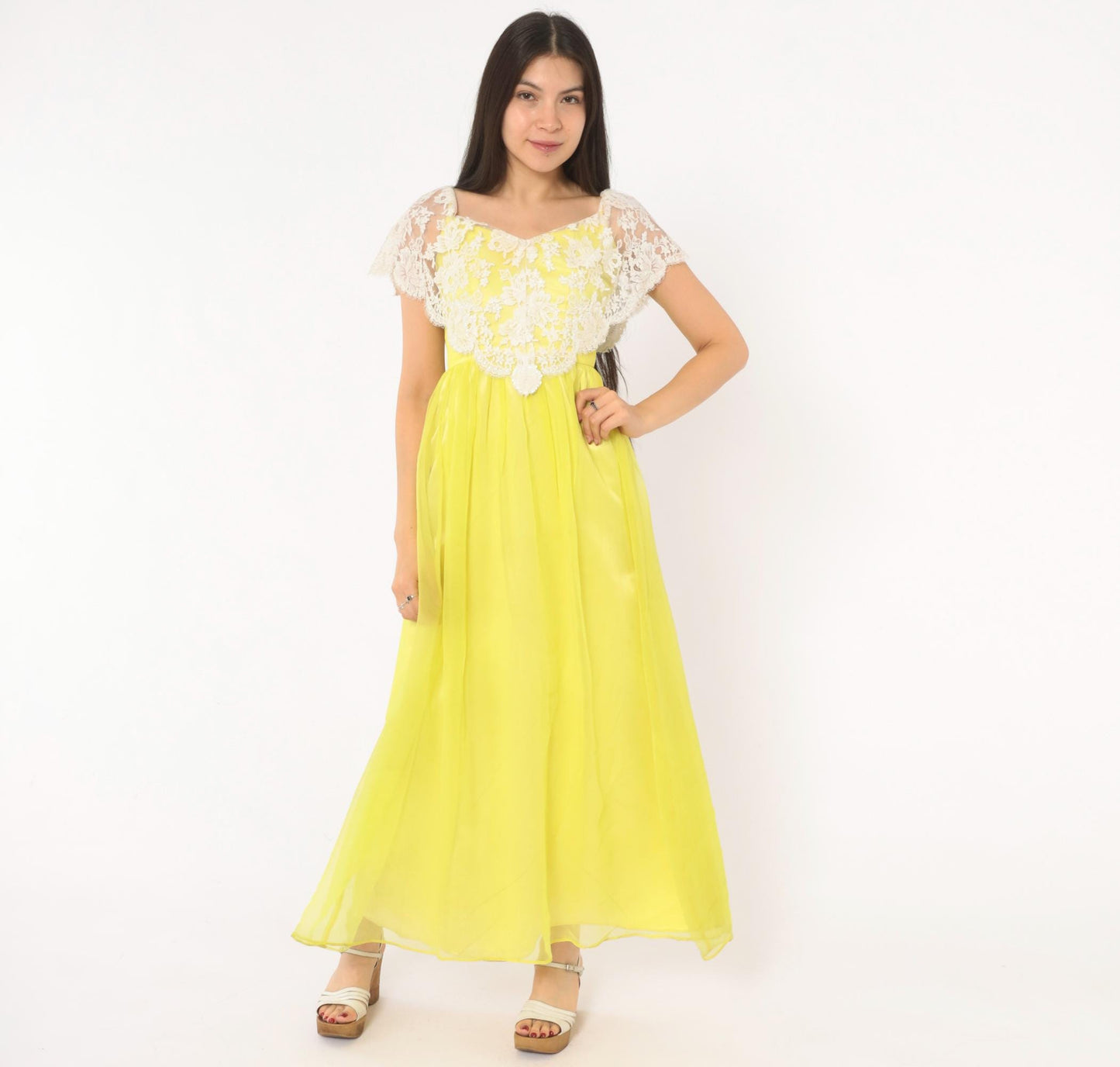70s Yellow Chiffon Maxi Dress White Lace Overlay Empire Waist V Neck Extra Small XS