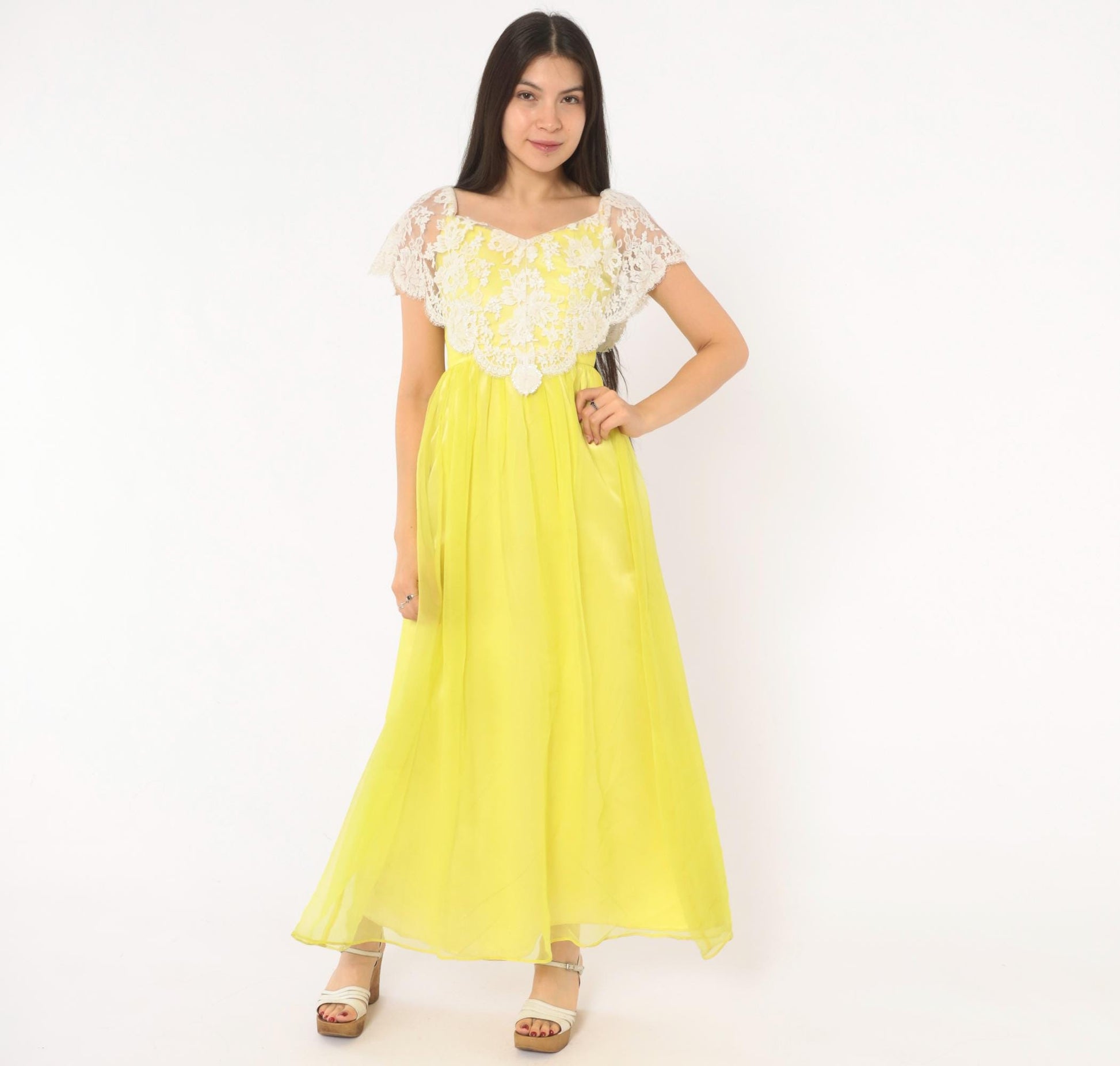 70s Yellow Chiffon Maxi Dress White Lace Overlay Empire Waist V Neck Extra Small XS