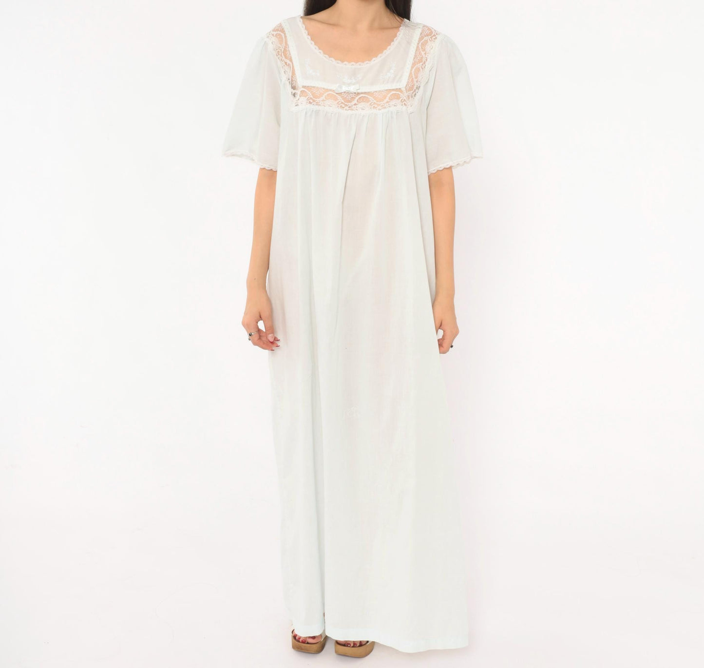 80s Barbizon Pale Blue Maxi Nightgown Lace Yoke Embroidered Puff Sleeve Large L