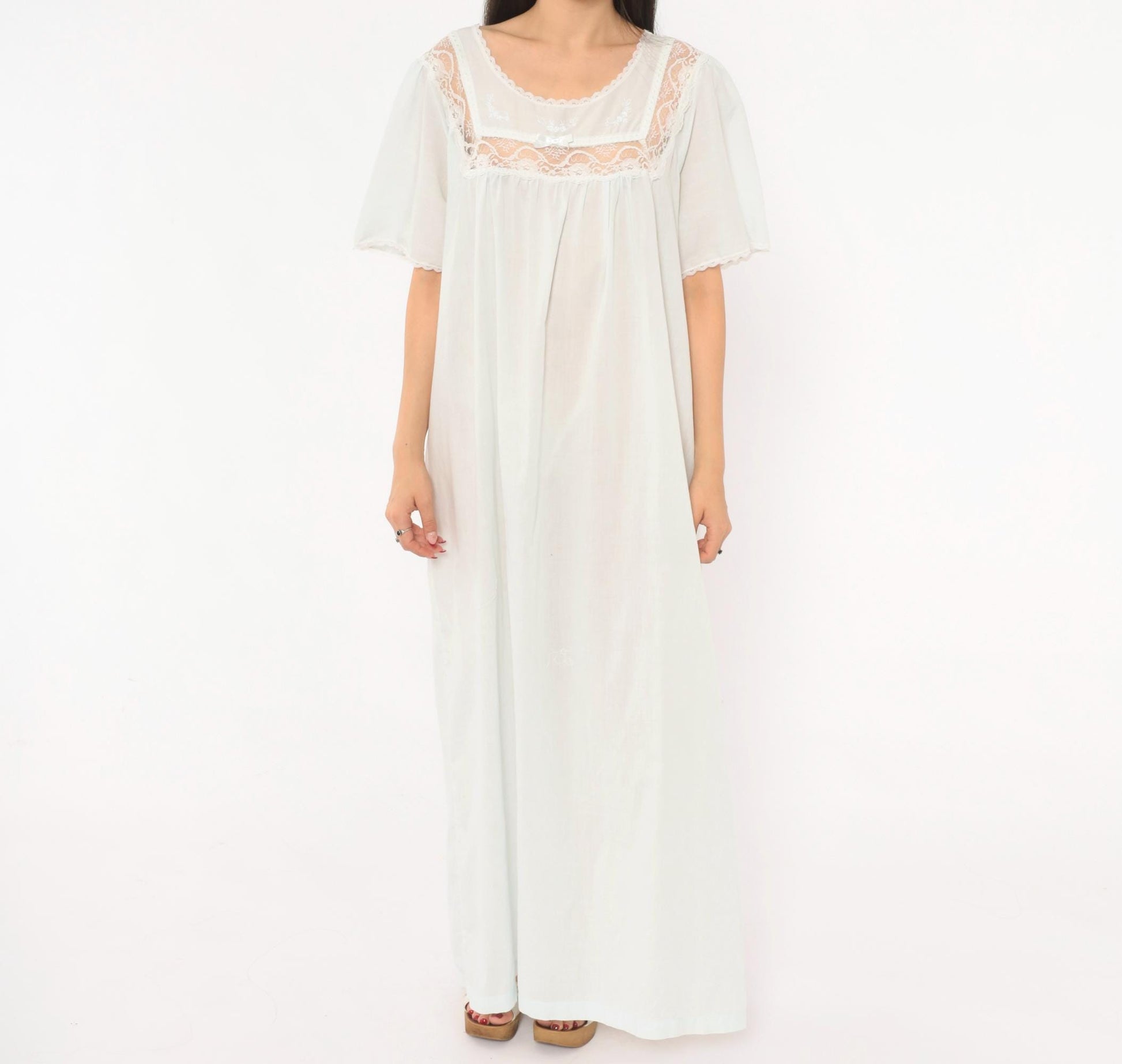 80s Barbizon Pale Blue Maxi Nightgown Lace Yoke Embroidered Puff Sleeve Large L