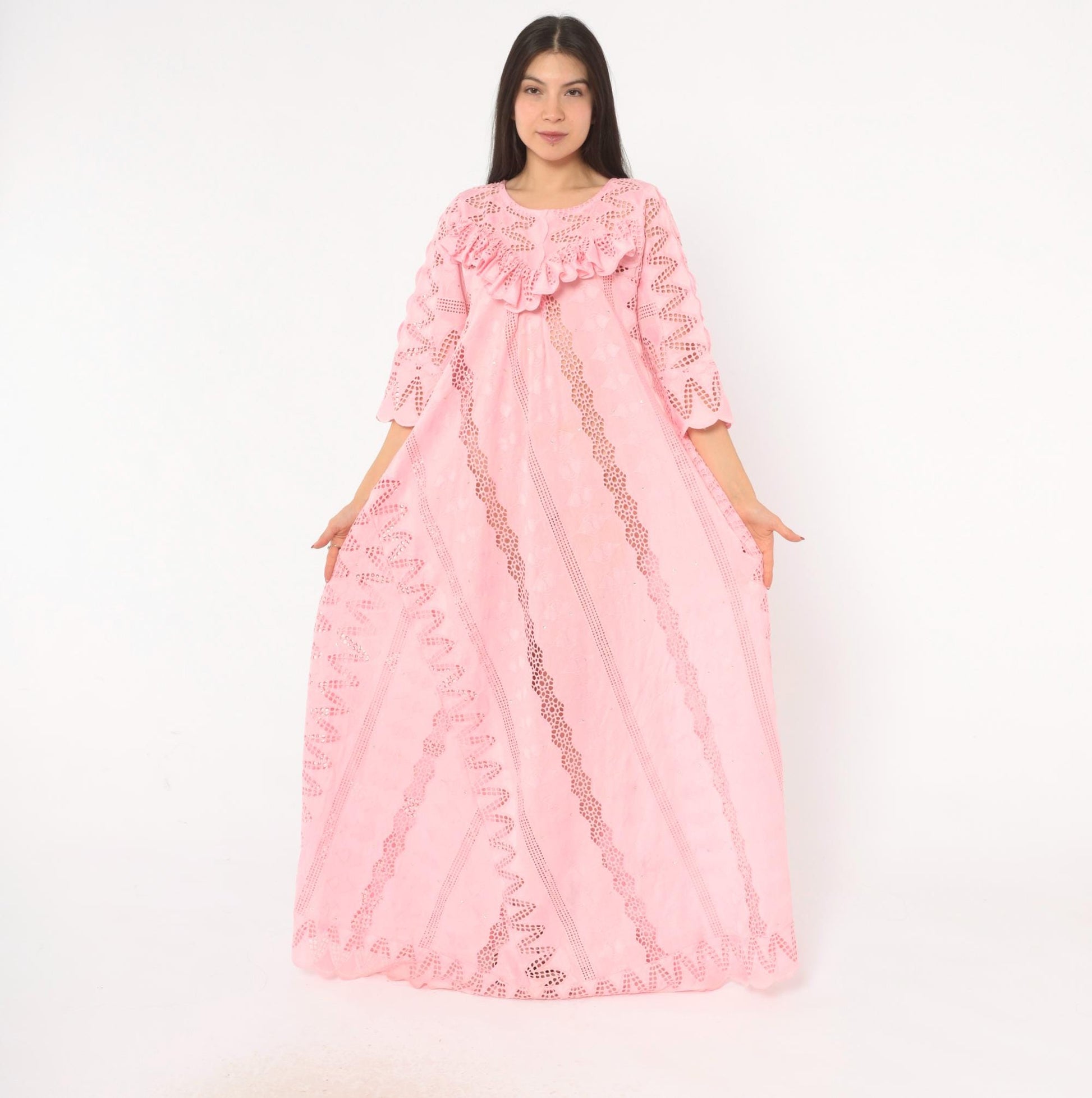 80s Pink Eyelet Lace Maxi Dress Cutwork Embroidered Puff Sleeve Medium M
