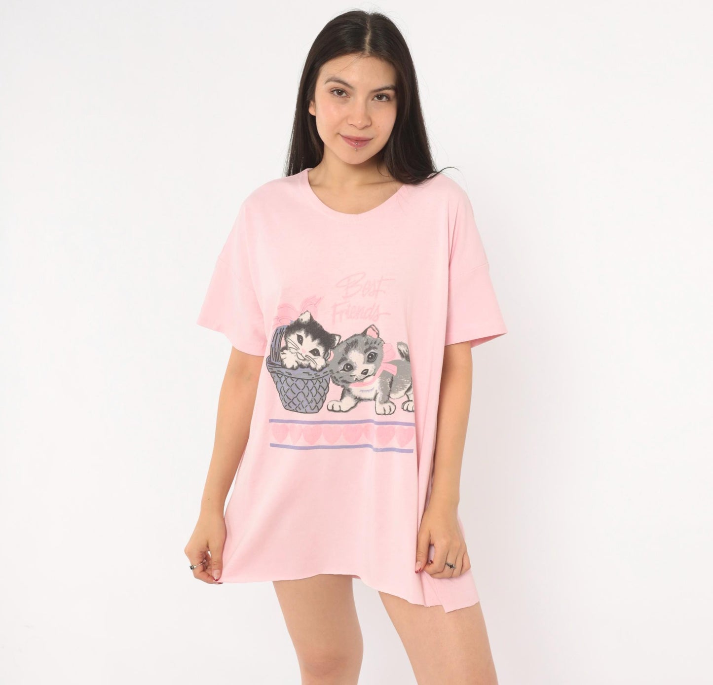 90s Best Friends Kitten Pink Sleep Shirt Cotton Graphic Tee One Size