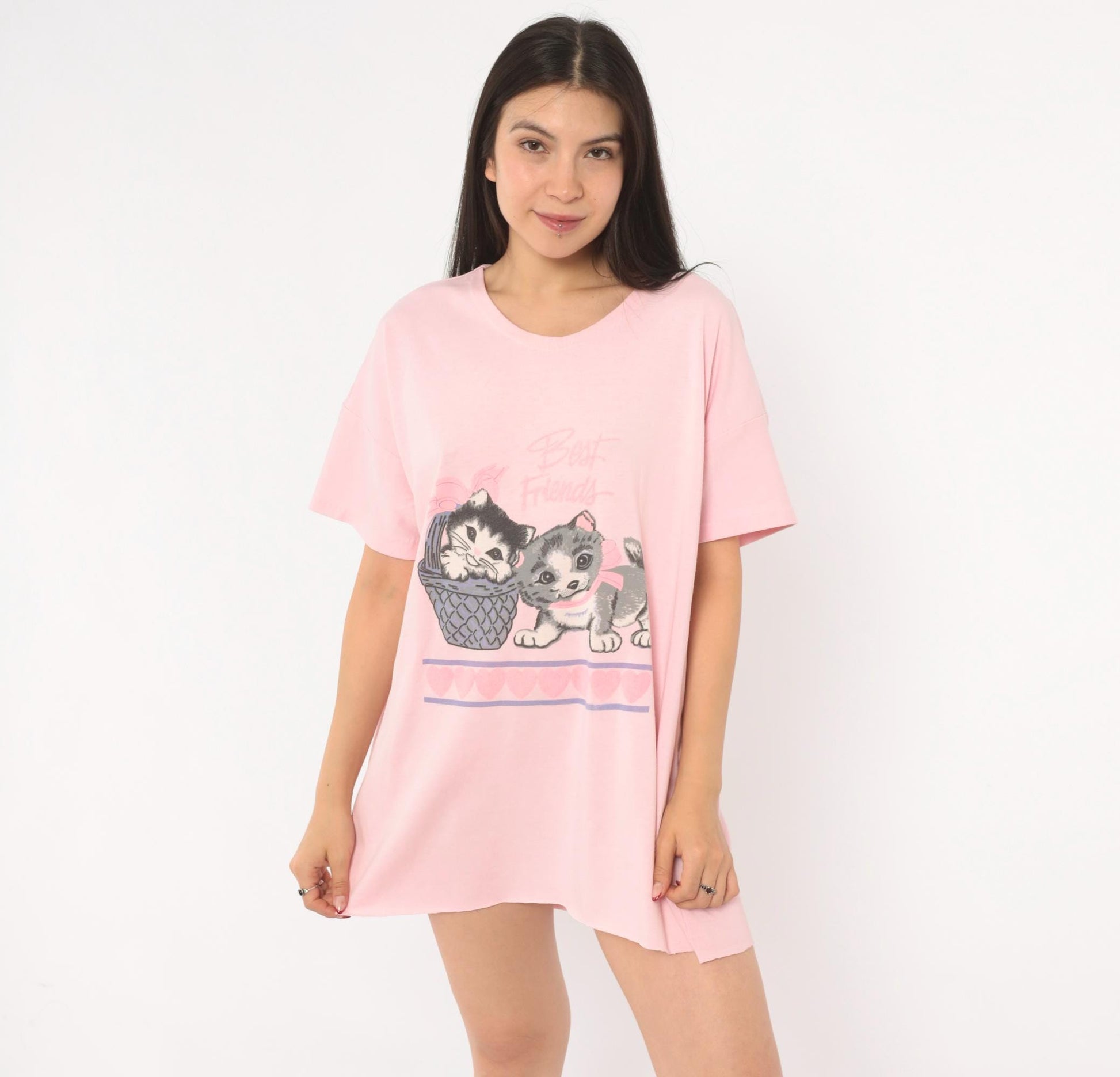 90s Best Friends Kitten Pink Sleep Shirt Cotton Graphic Tee One Size