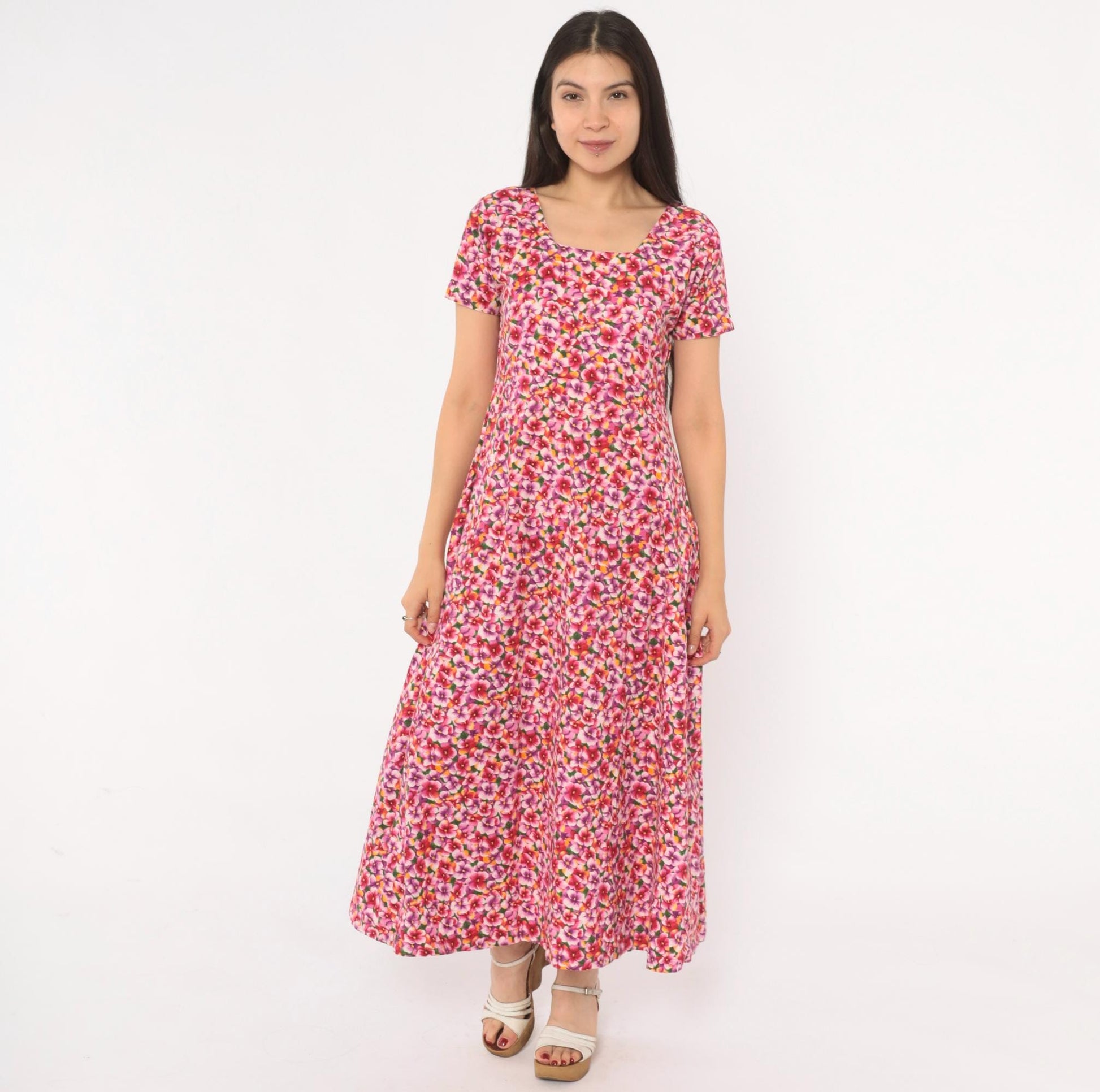 90s Pink Purple Floral Maxi Dress Cotton Scoop Neck A-Line Small
