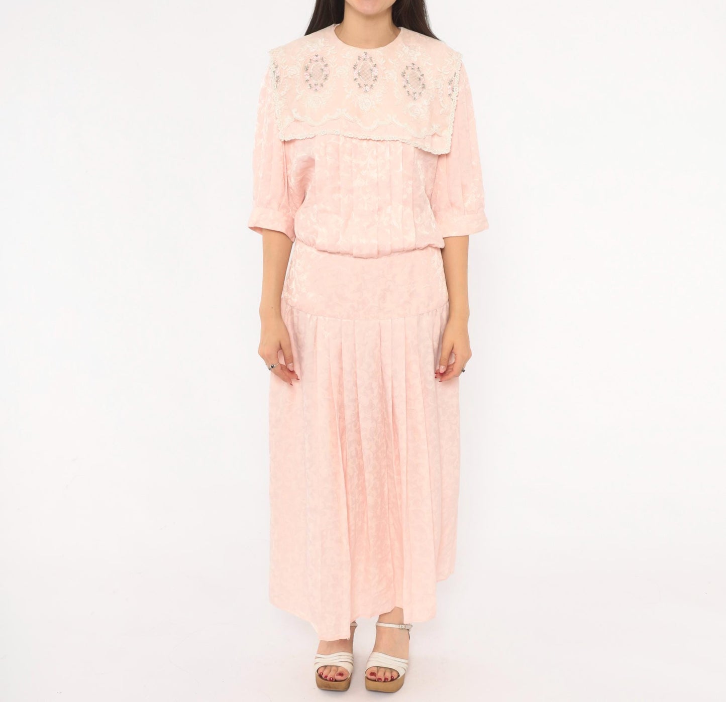 80s Nilani Blush Pink Maxi Dress Lace Cape Collar Floral Jacquard Small