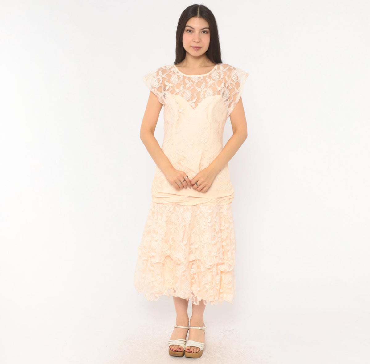 80s Peach Lace Midi Dress Drop Waist Sweetheart Neckline Cap Sleeve Small S