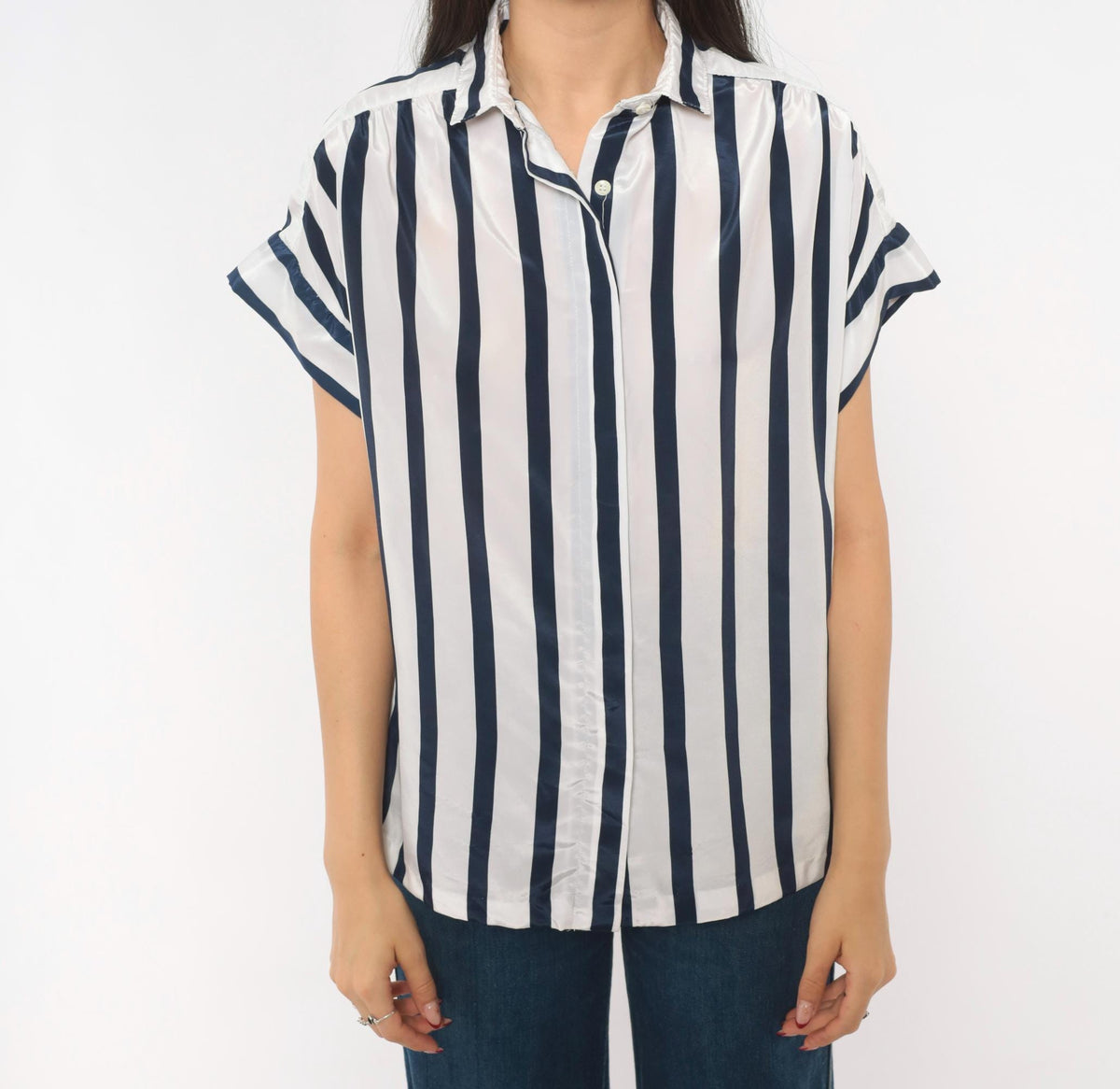 80s Navy White Striped Camp Collar Blouse Button Front Medium