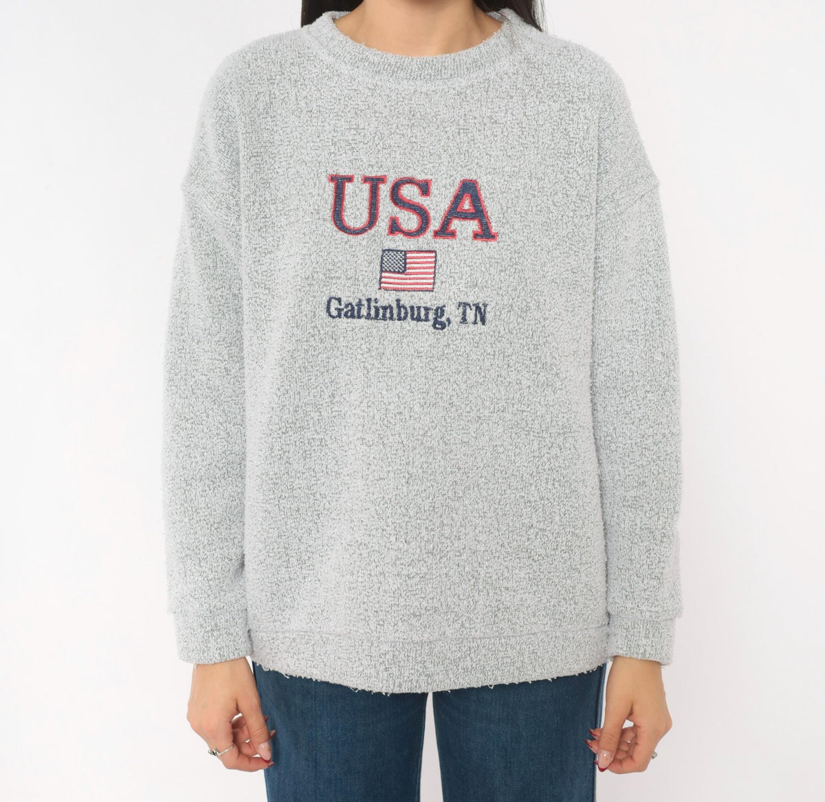 90s Gatlinburg Tennessee USA Flag Embroidered Grey Knit Pullover Medium M