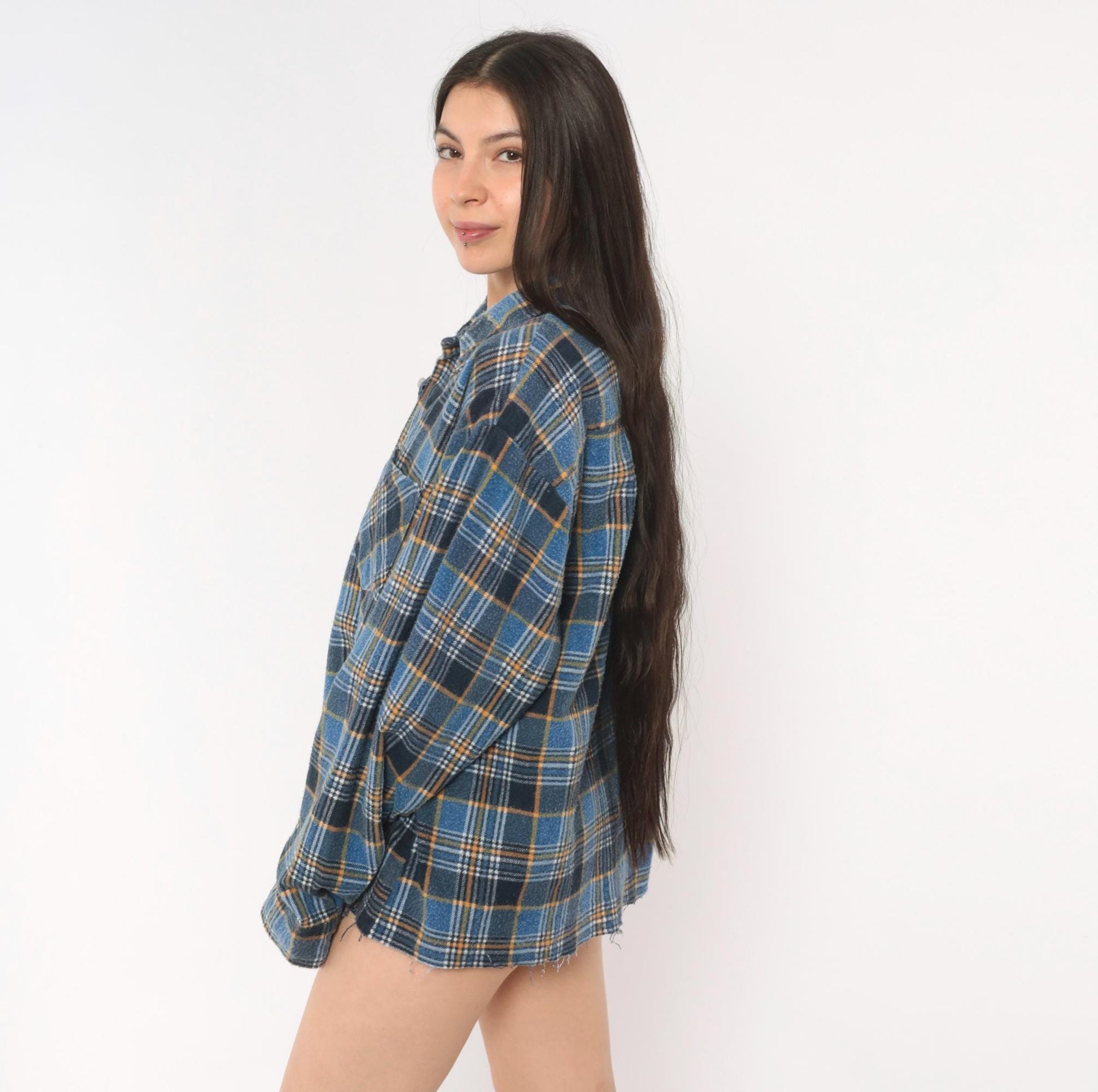 90s Montgomery Ward Flannel Shirt Blue Plaid Cotton Distressed Large L