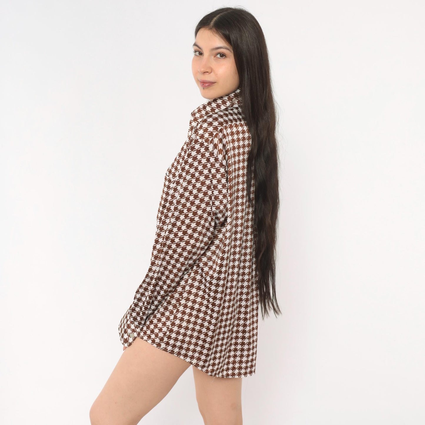70s Brown White Houndstooth Button Up Shirt Pointed Collar Chest Pocket Large