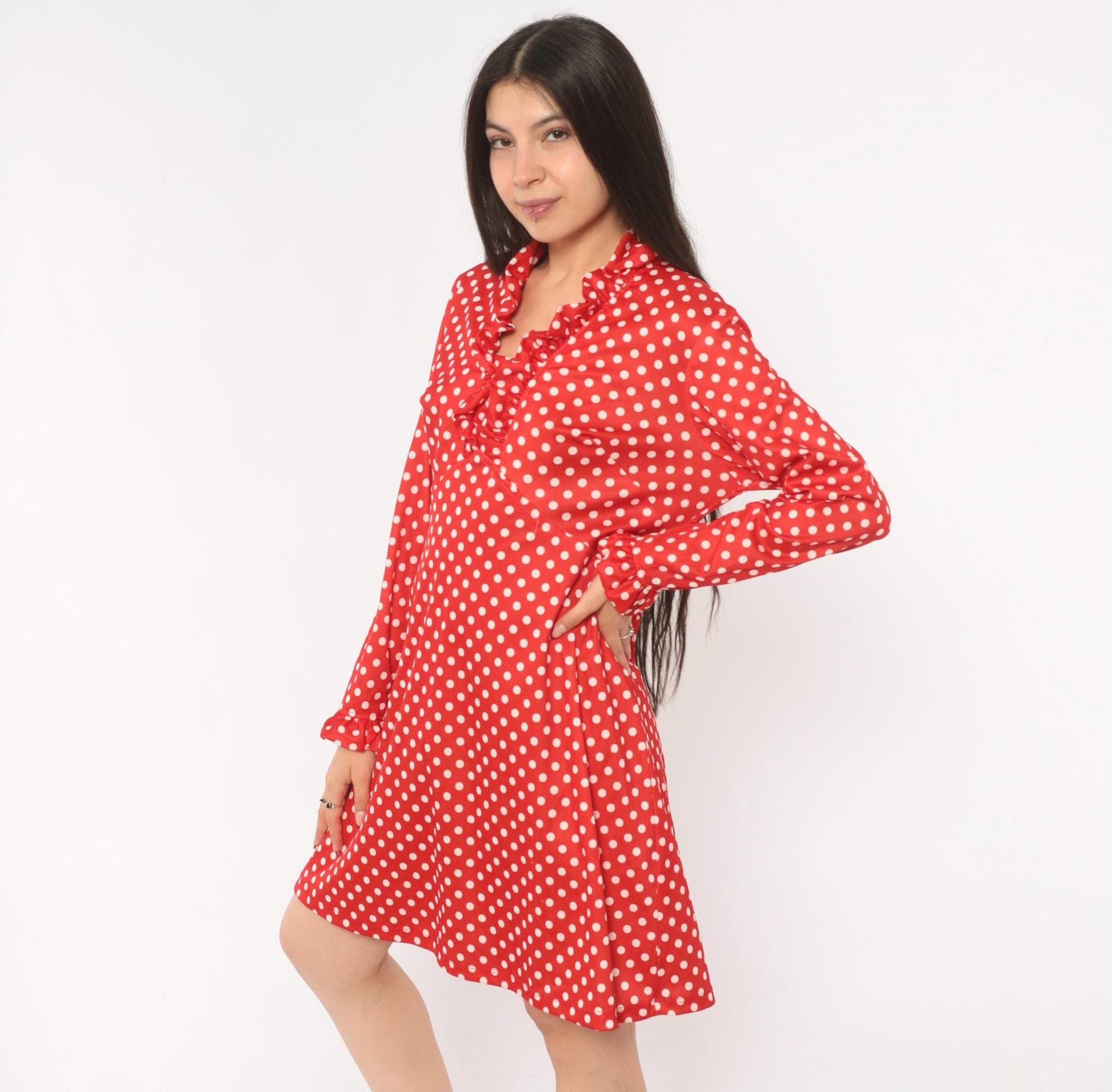70s Red White Polka Dot Dress Long Sleeve V Neck Ruffle A Line Large