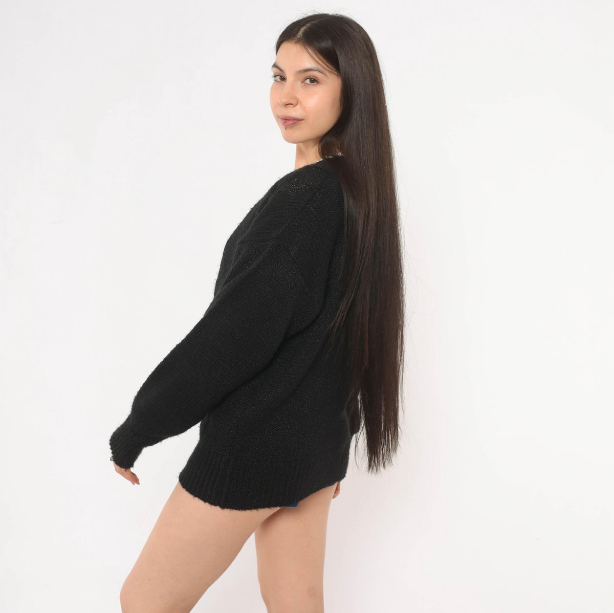 80s Black Double Breasted Cardigan Knit Sweater V Neck Medium M