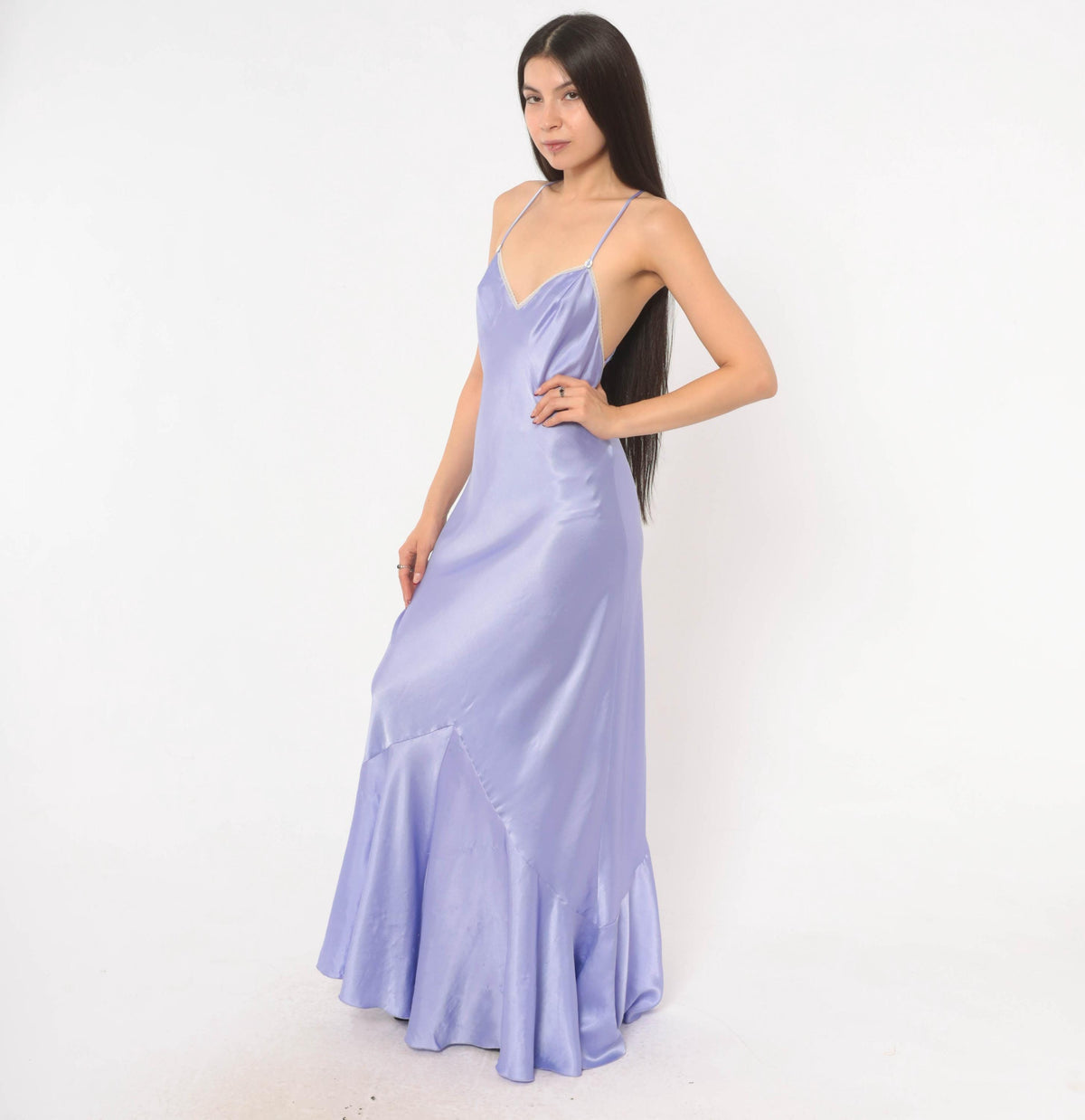 90s Lucie Ann Lavender Slip Gown Open Back Satin Lace Small
