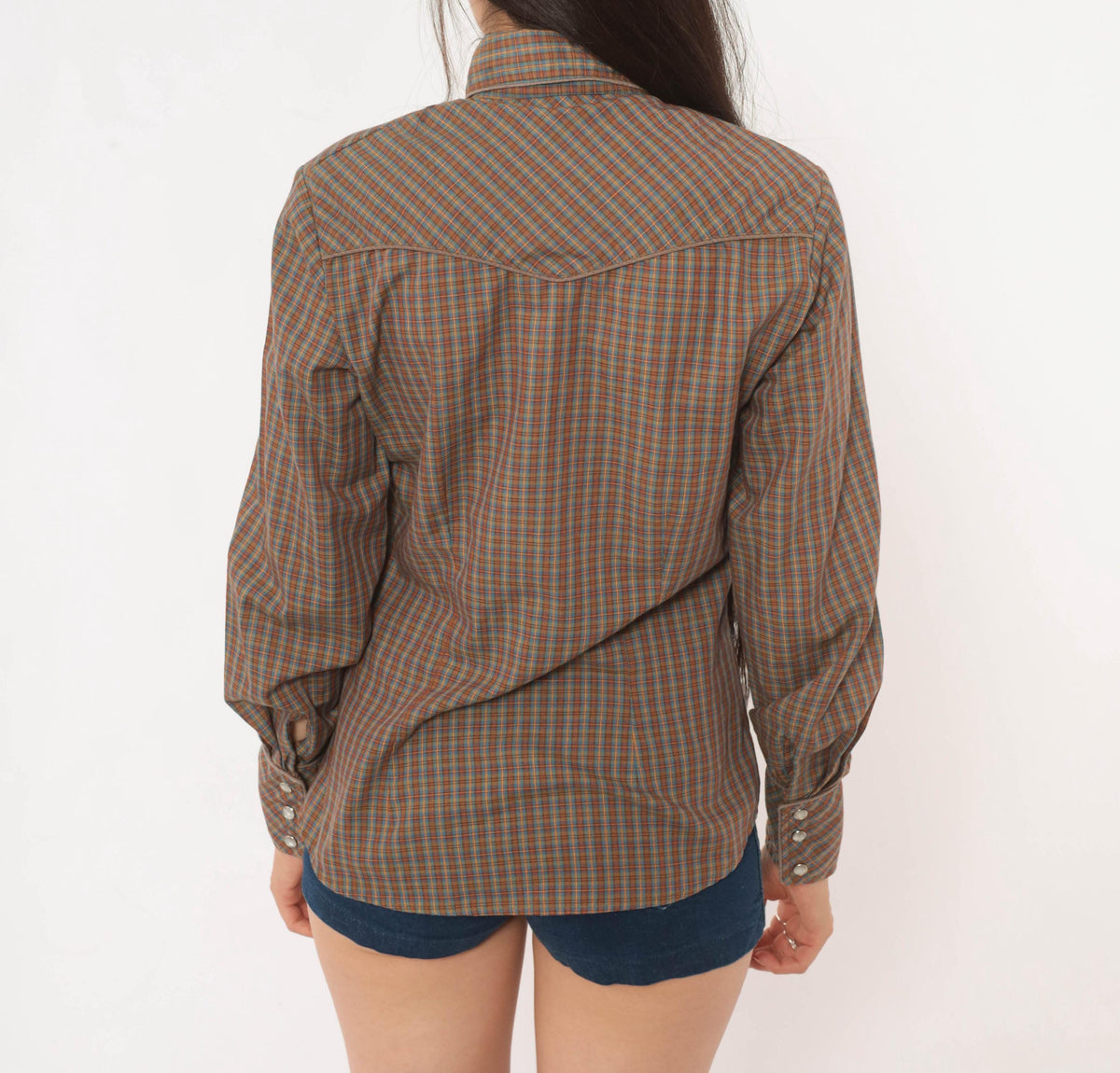 70s Western Plaid Shirt Pearl Snap Brown Blue Check Cotton Yoke Medium M