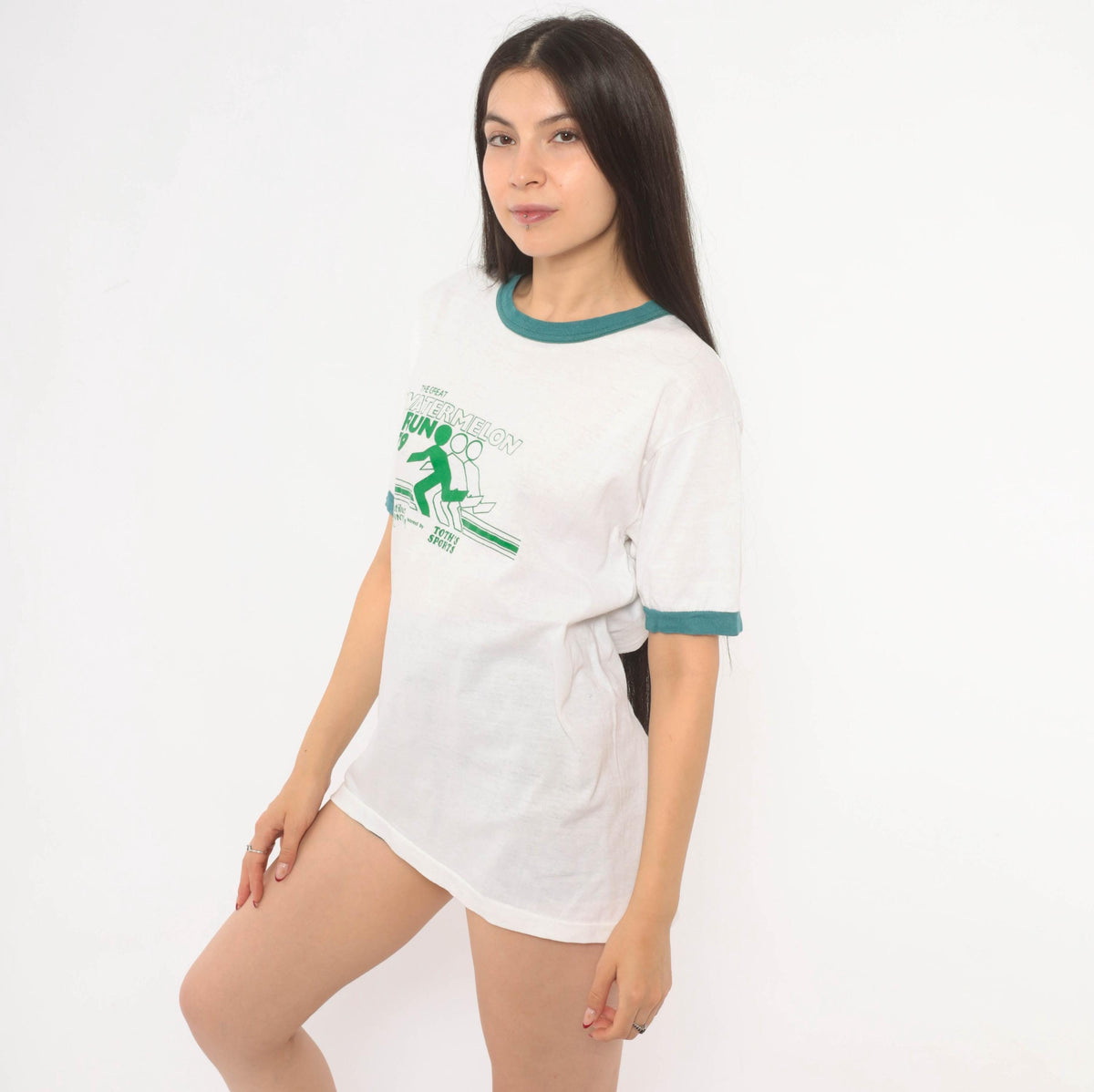 70s Watermelon Run Ringer Tee White Green Graphic Race Event Large L