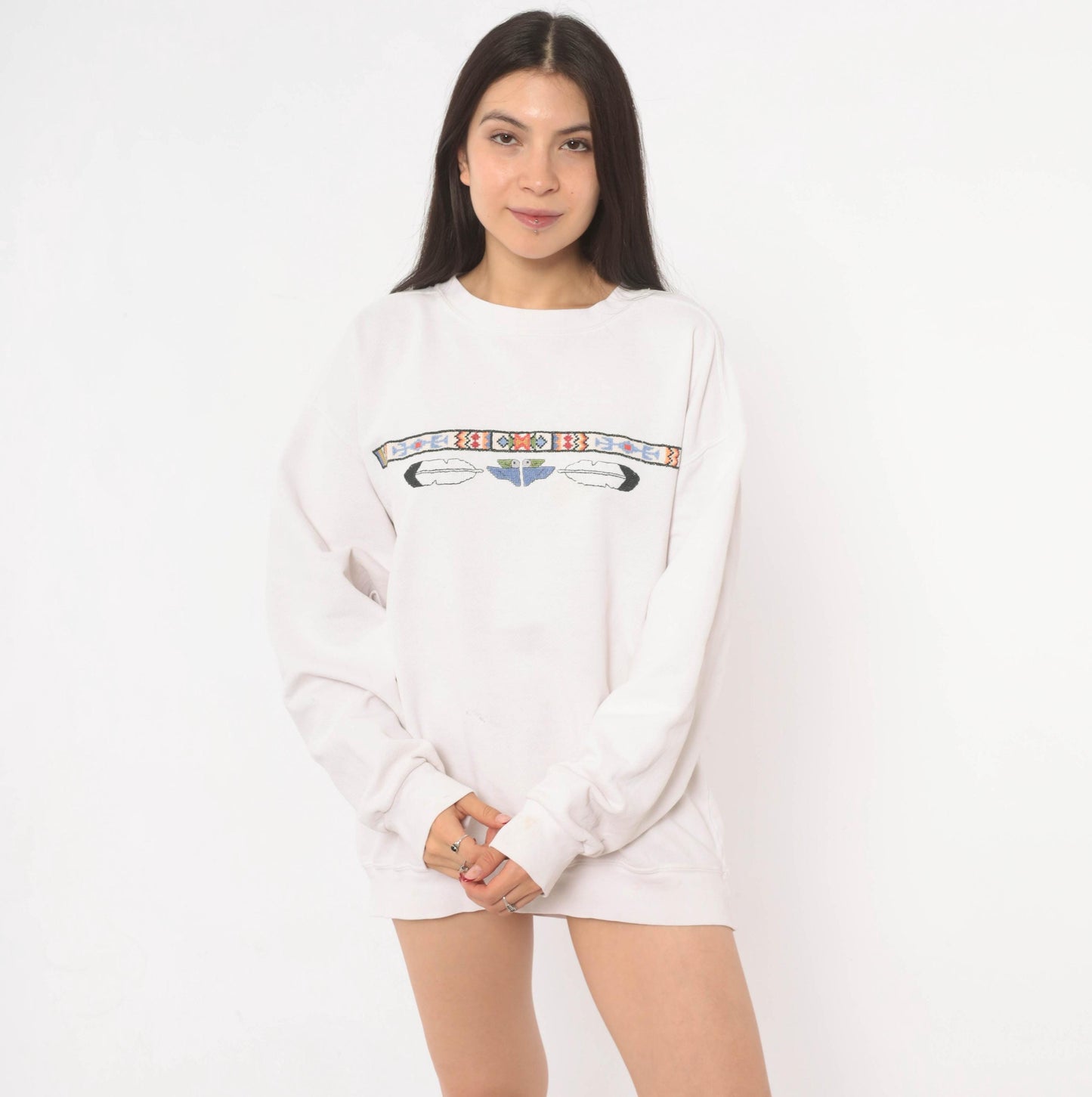 90s Sunbelt Southwestern Sweatshirt Cross Stitch Embroidered Eagle Cream Cotton Large