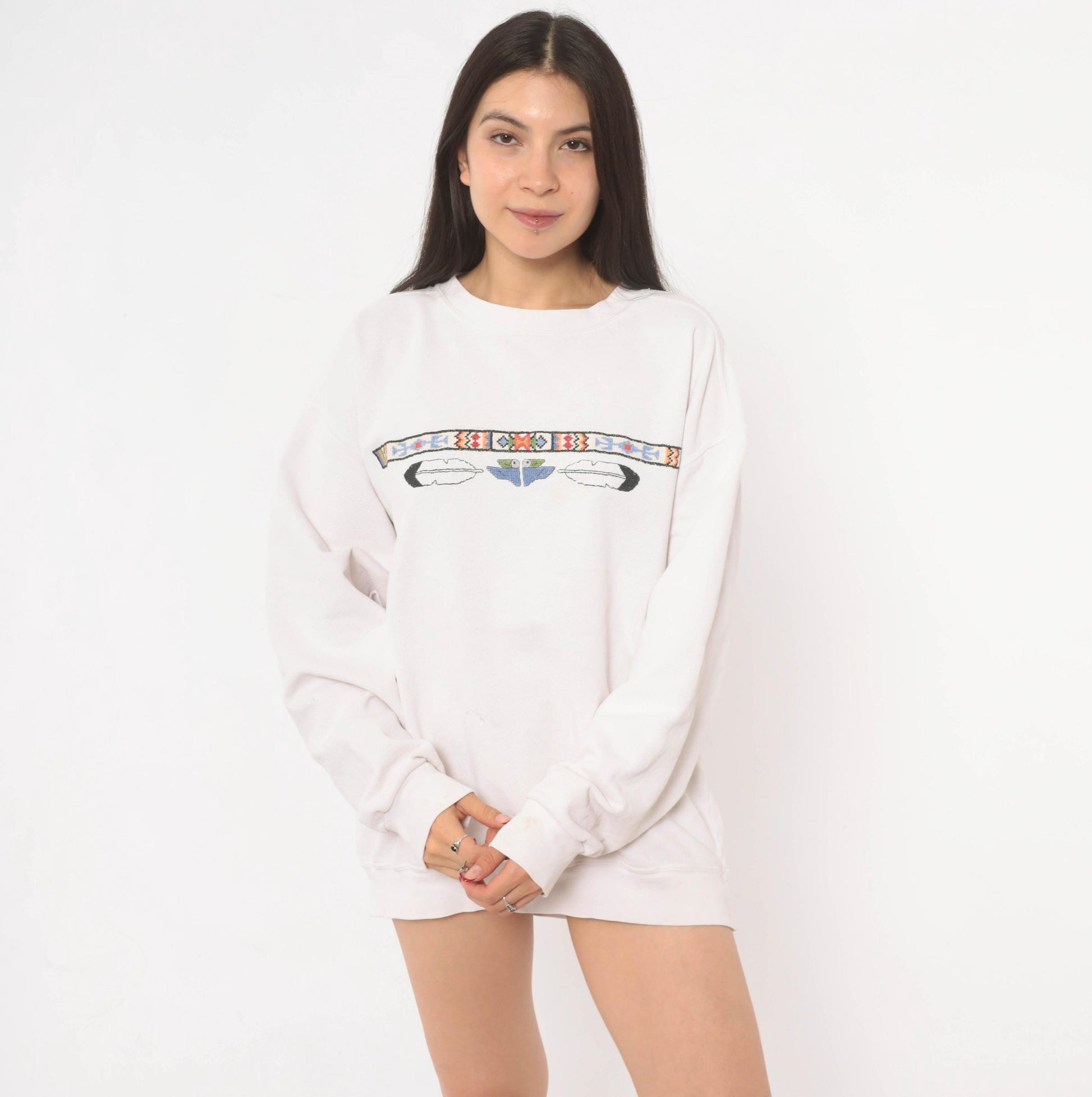 90s Sunbelt Southwestern Sweatshirt Cross Stitch Embroidered Eagle Cream Cotton Large