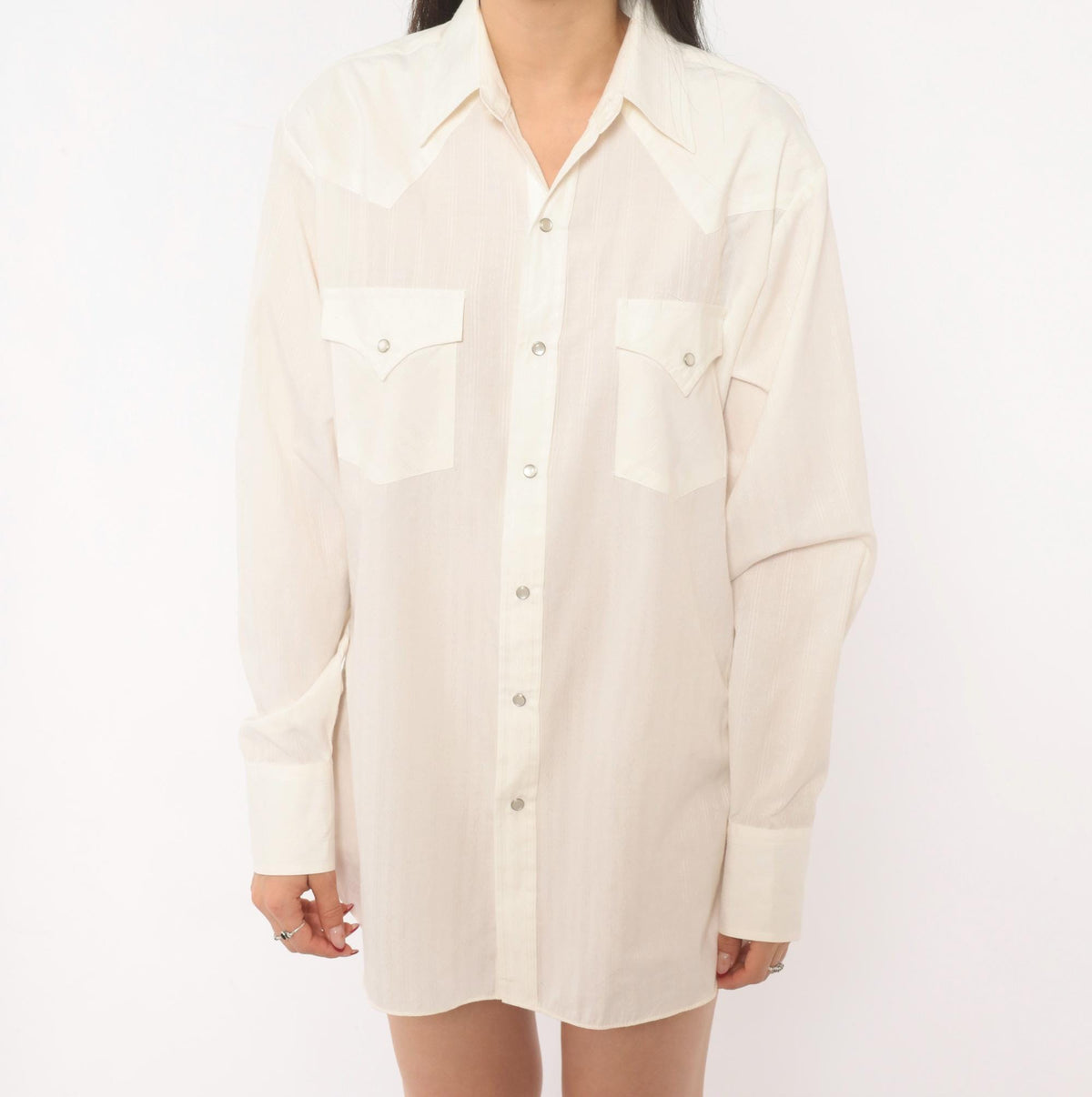 90s Ely Cattleman Western Snap Shirt Ivory Pointed Collar Yoke Medium