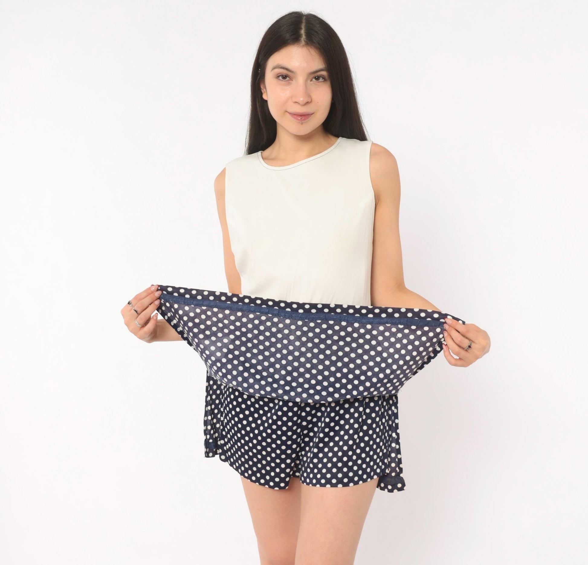 60s Jerell Two-Tone Polka Dot Mini Dress Navy Cream Mod Shift Medium M