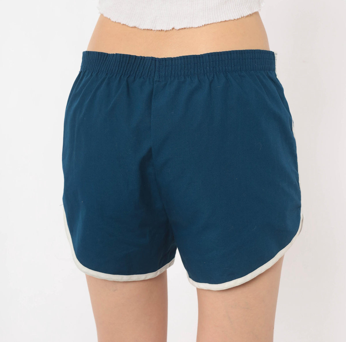 80s Navy Running Shorts White Piping Cotton Dolphin Hem Large L