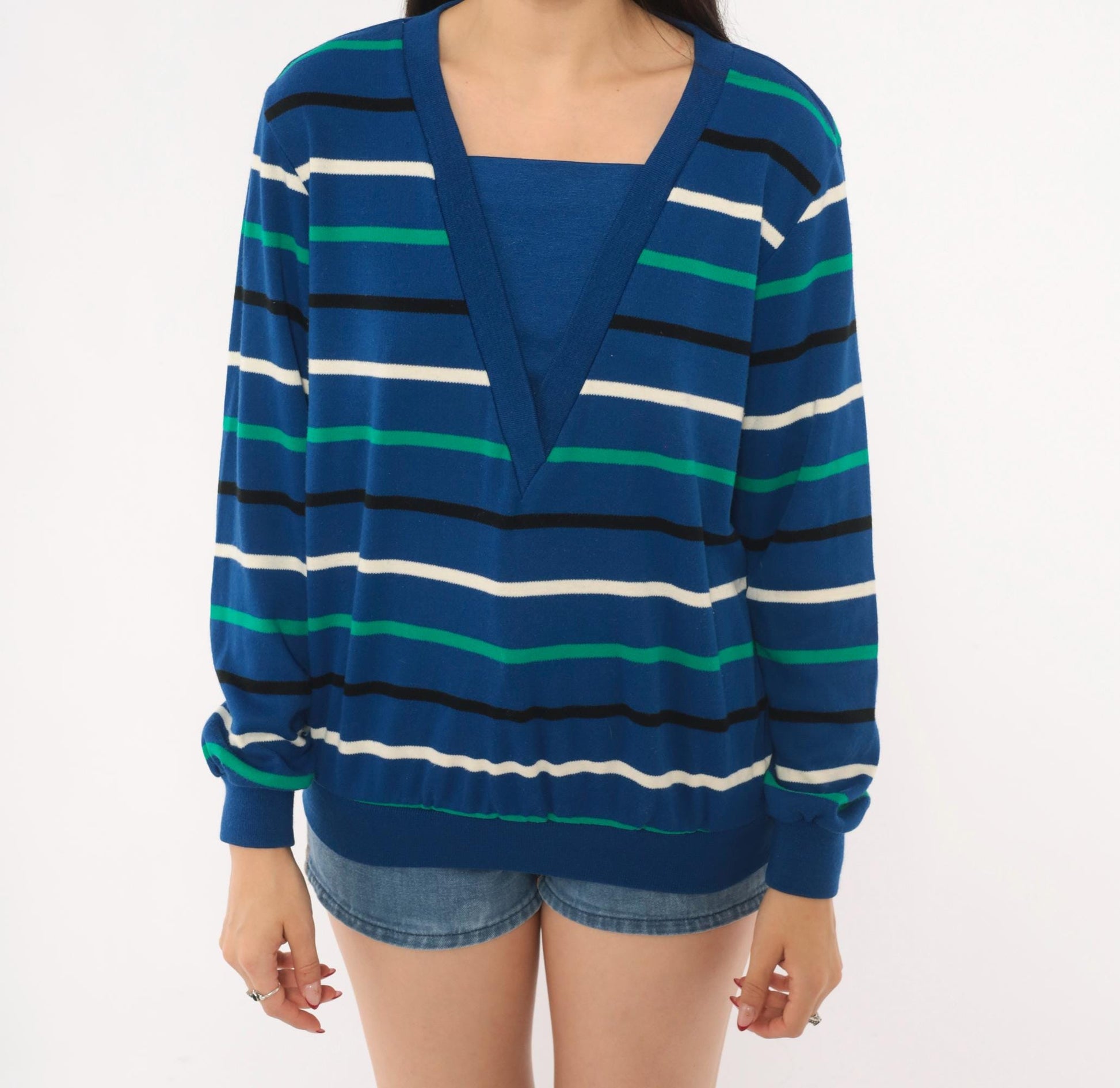 80s Alfred Dunner Striped V-Neck Sweater Cobalt Blue Cotton Knit Small