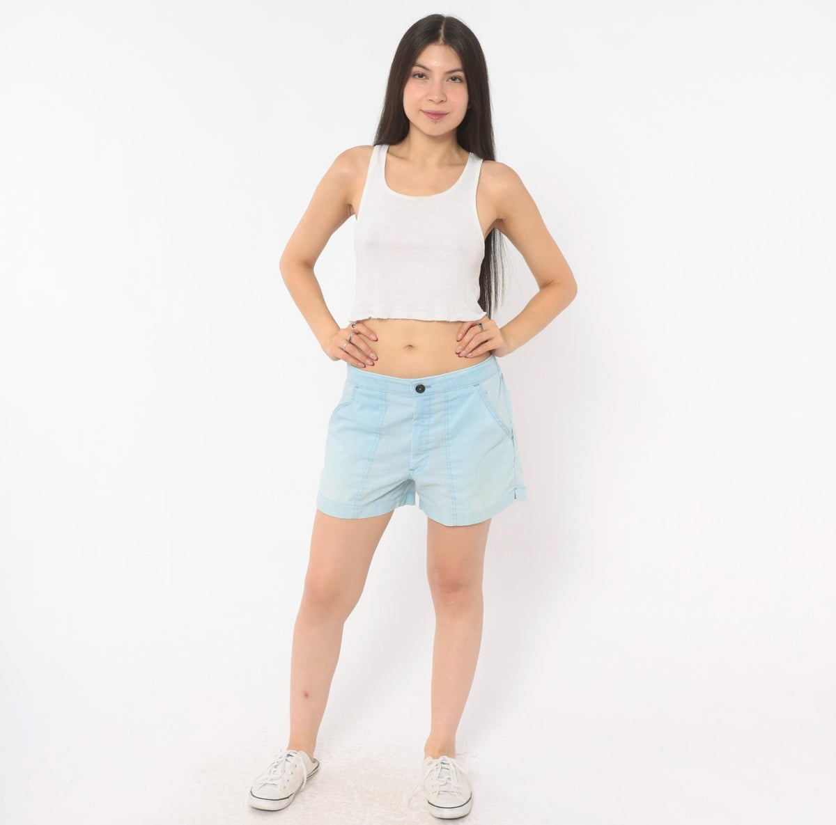 80s Light Blue Cotton Shorts Elastic Waist Button Fly Medium Large