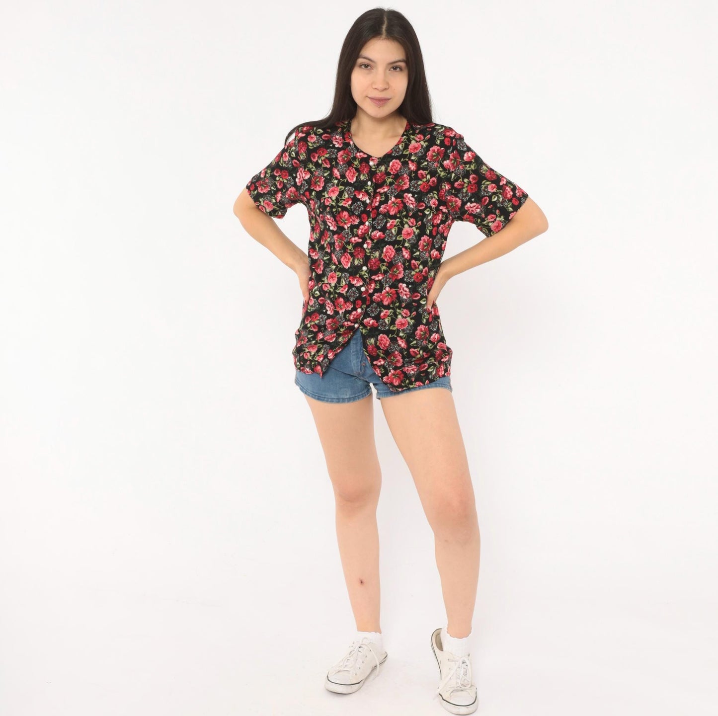 90s Katelyn Rose Black Pink Floral Button Blouse Short Sleeve Small S