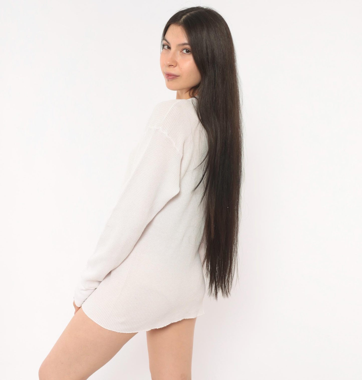 90s Waffle Knit Thermal Ivory Scoop Neck Long Sleeve Cotton Tee Large