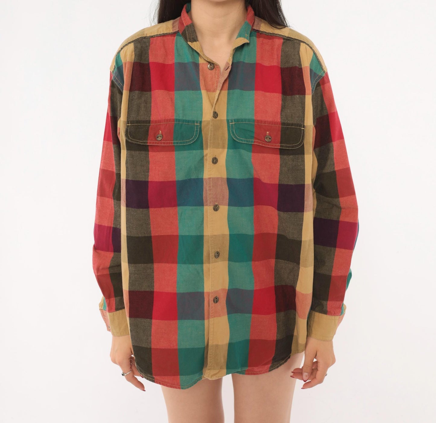 90s Lizwear Plaid Flannel Shirt Button Front Red Teal Cotton Medium