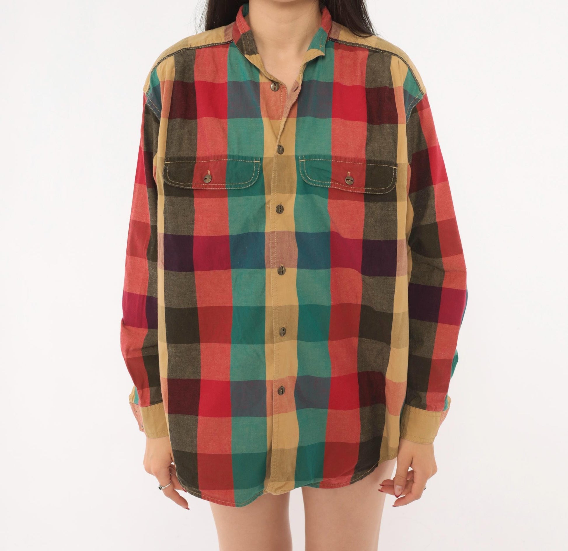 90s Lizwear Plaid Flannel Shirt Button Front Red Teal Cotton Medium