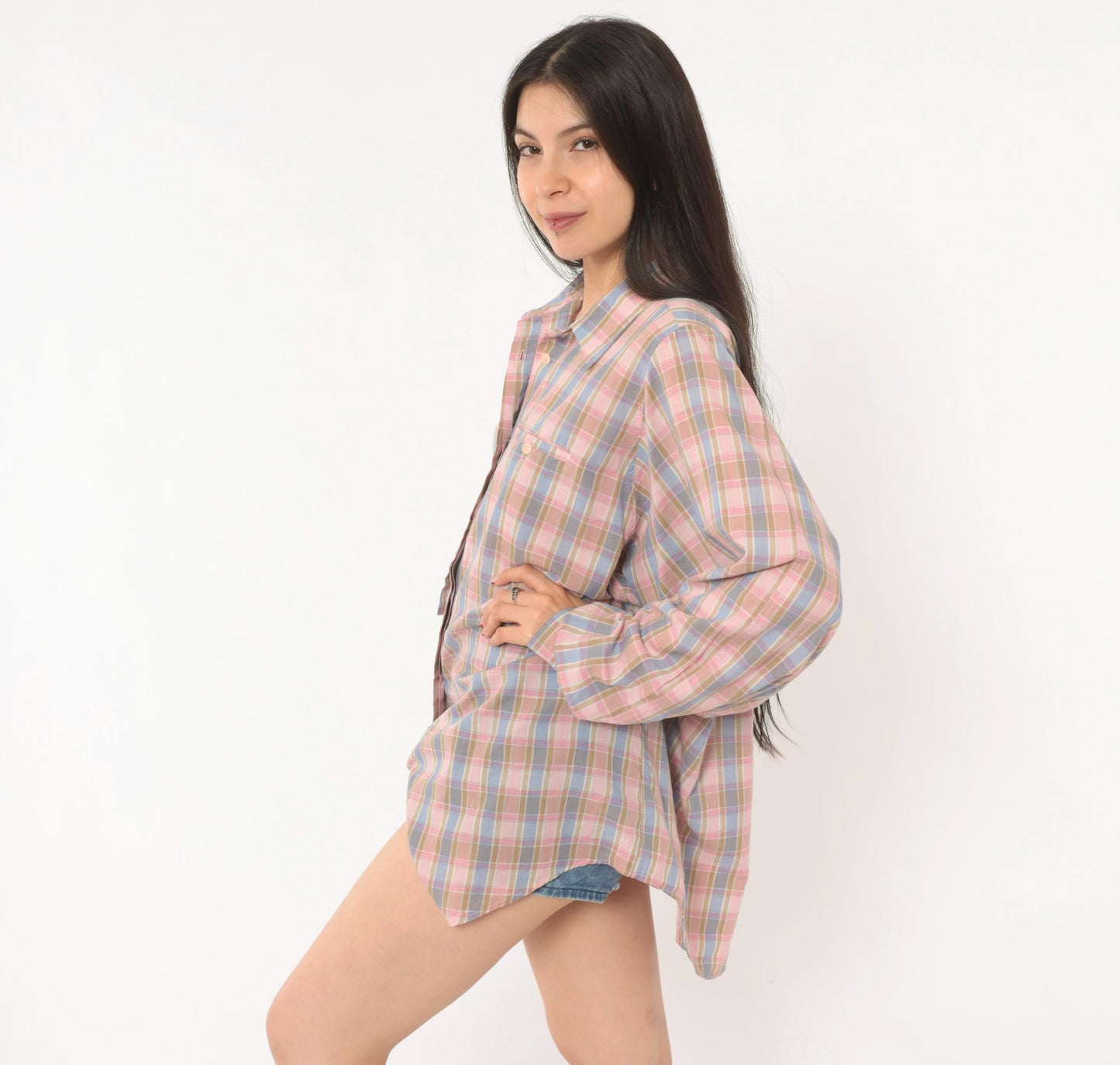 90s Cali Plaid Button Front Shirt Pink Periwinkle Cotton Plus Size 1X