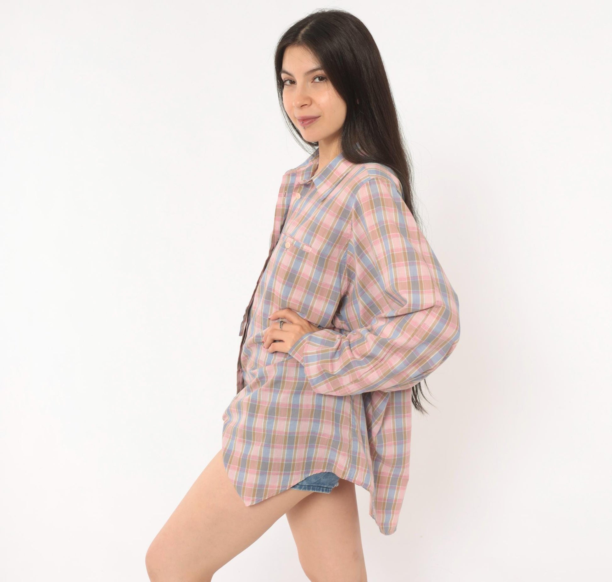 90s Cali Plaid Button Front Shirt Pink Periwinkle Cotton Plus Size 1X