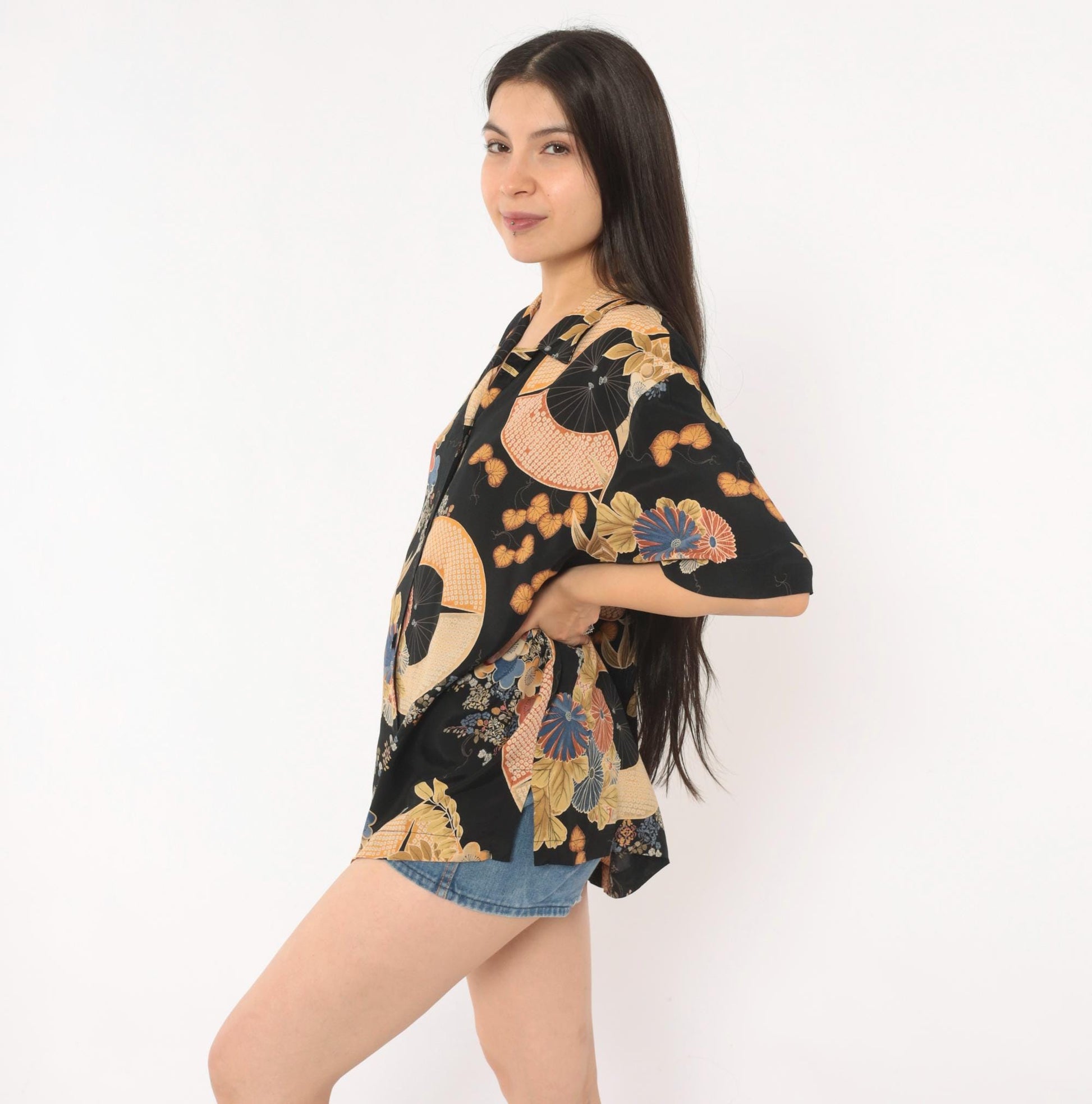 90s Clio Japanese Fan Floral Camp Collar Blouse Black Gold Rayon Large L