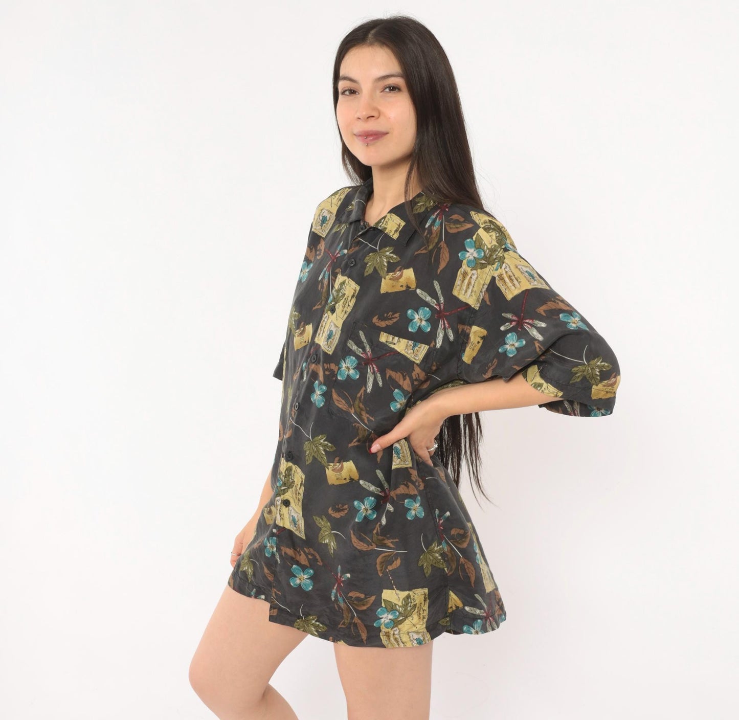Y2K Firethorn Silk Camp Collar Shirt Dragonfly Botanical Print Teal Medium M