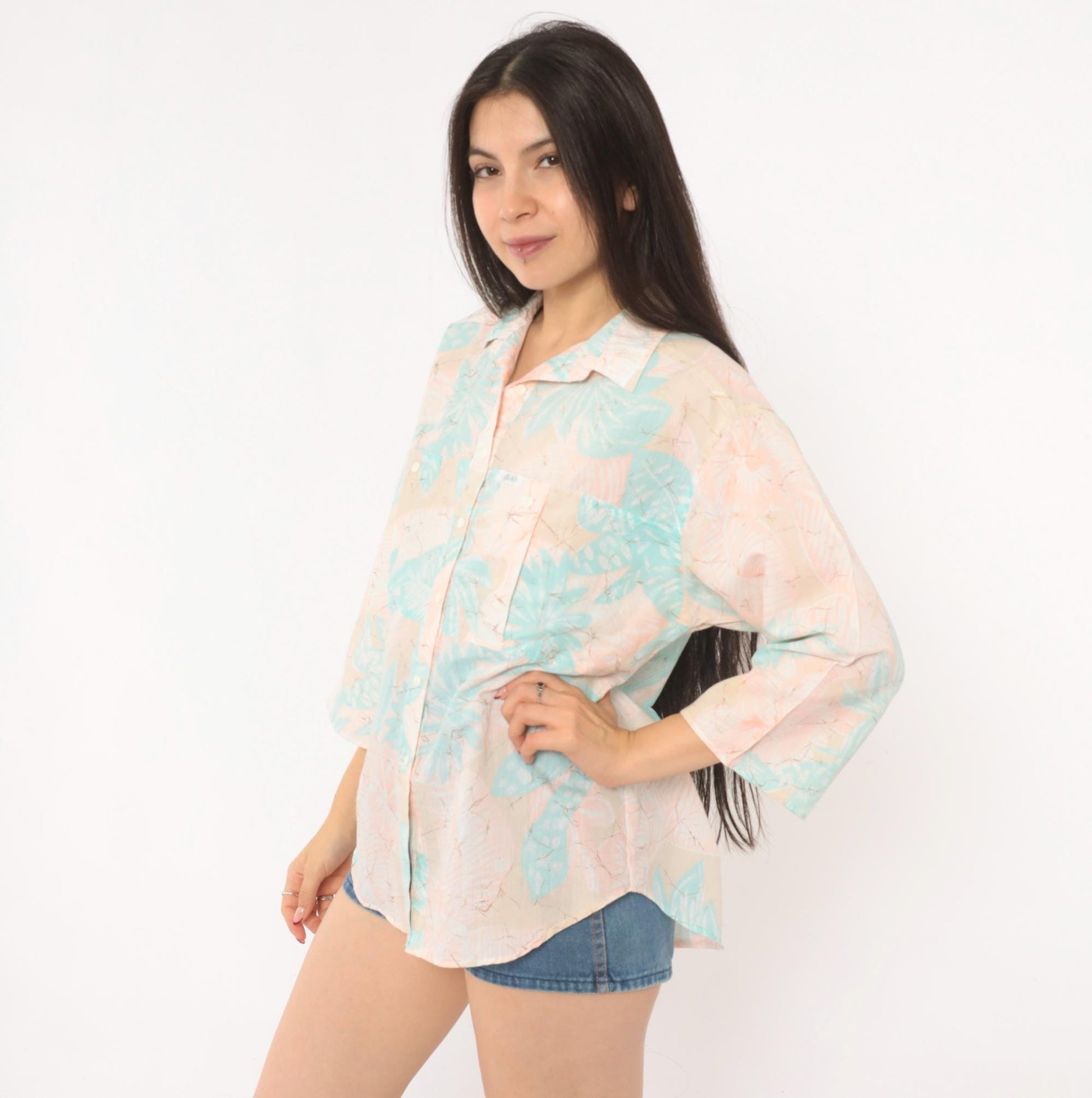 90s Alais Tropical Leaf Camp Collar Shirt Pastel Pink Mint Cotton Medium M