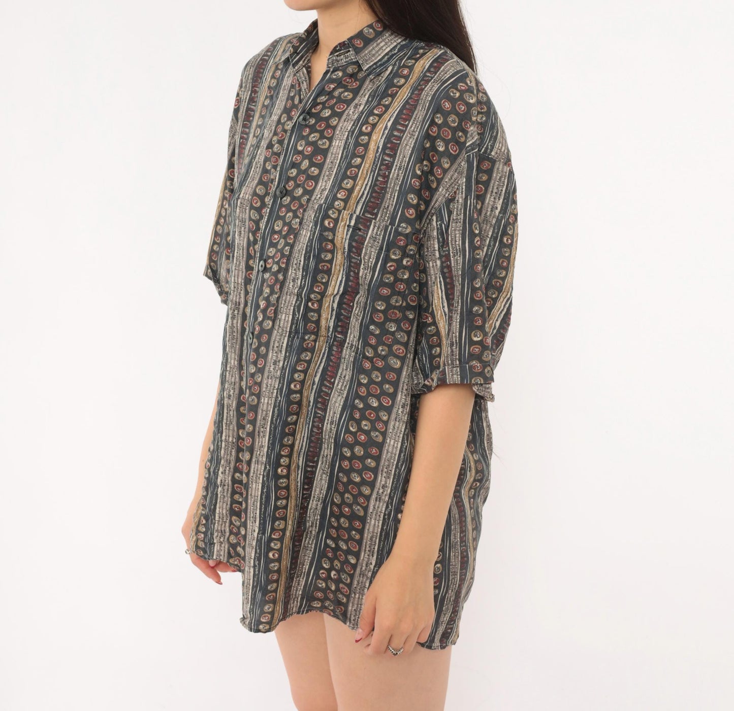 90s Summa Abstract Silk Shirt Grey Burgundy Stripe Camp Collar Small S