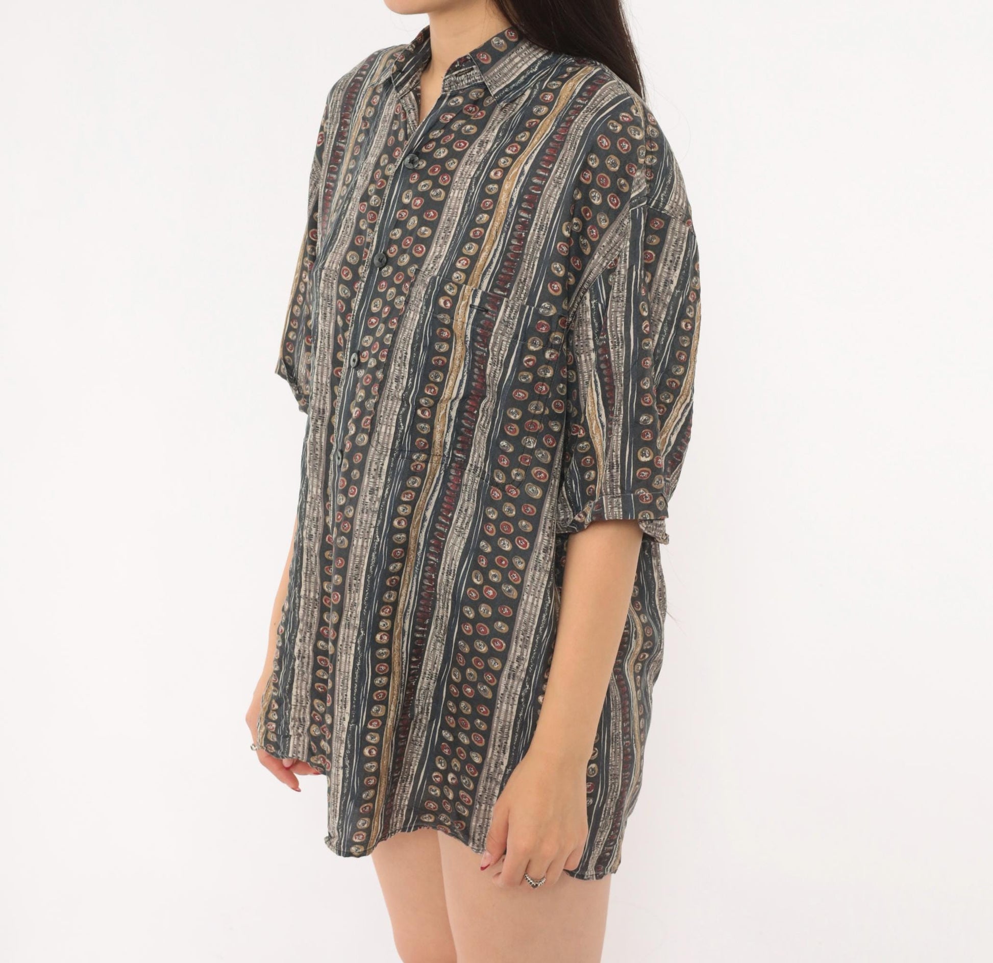 90s Summa Abstract Silk Shirt Grey Burgundy Stripe Camp Collar Small S