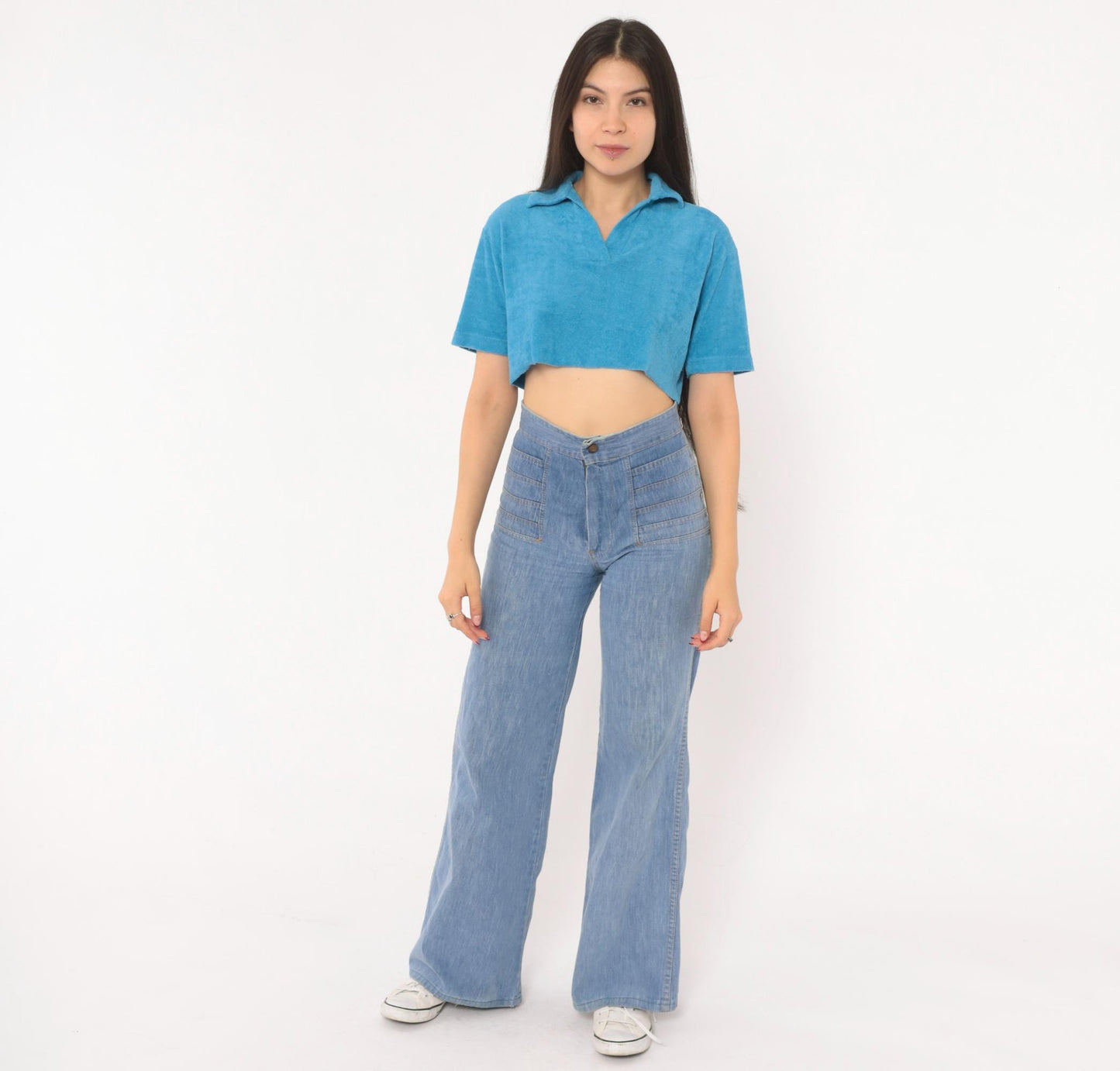 80s Jason Maxwell Terry Cloth Crop Top Blue Polo Collar Small Medium
