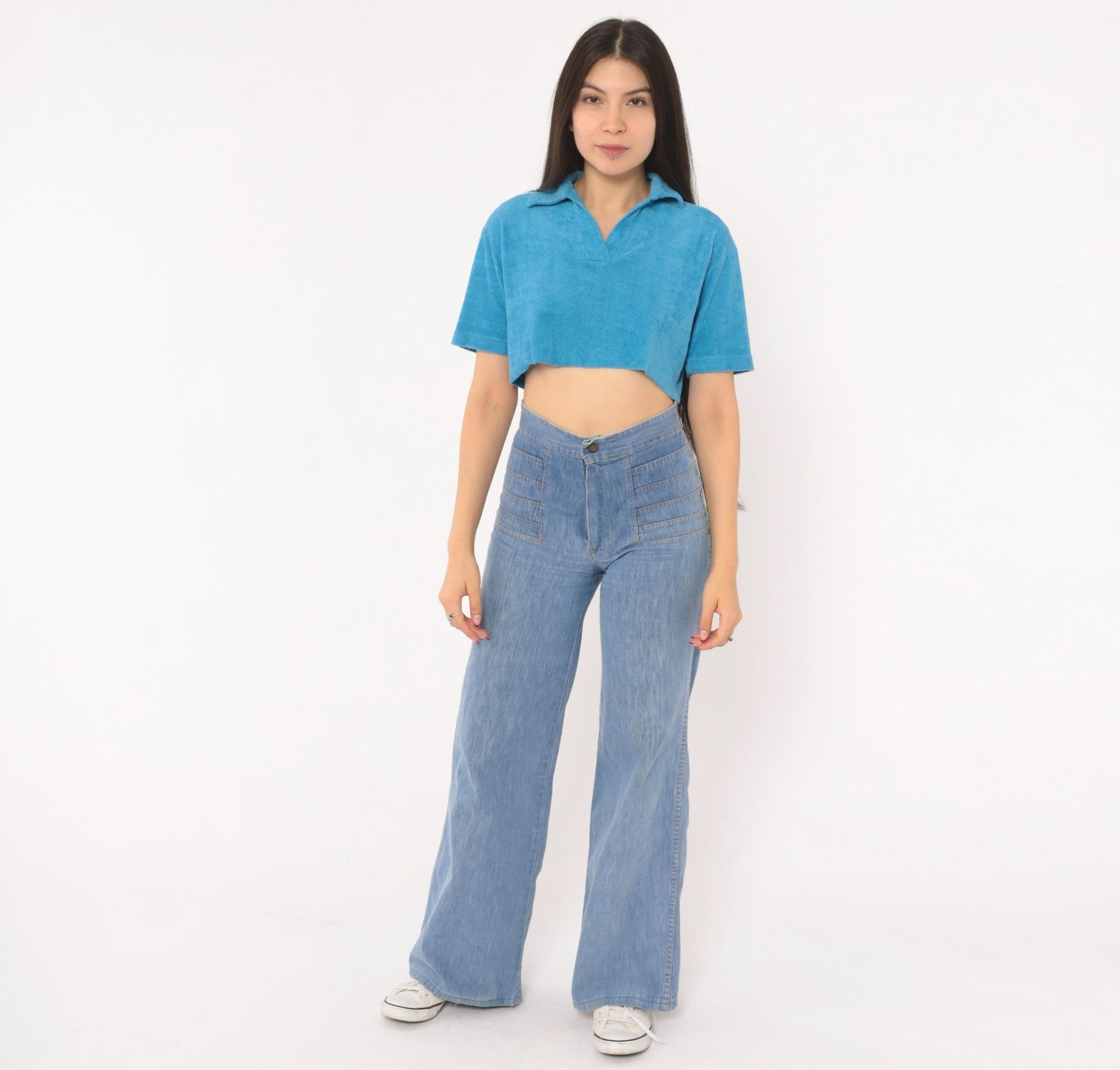 80s Jason Maxwell Terry Cloth Crop Top Blue Polo Collar Small Medium