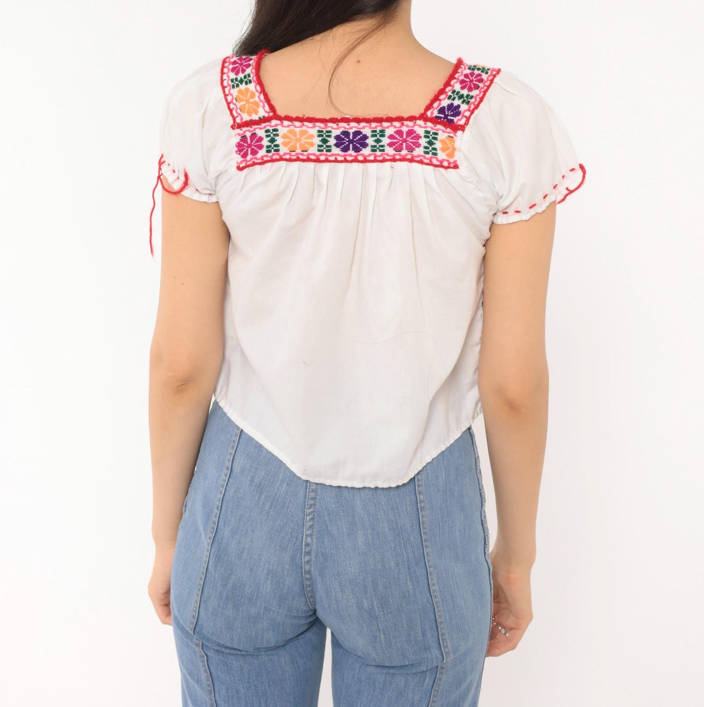 80s Mexican Embroidered Cotton Peasant Blouse White Floral Square Neck Extra Small XS