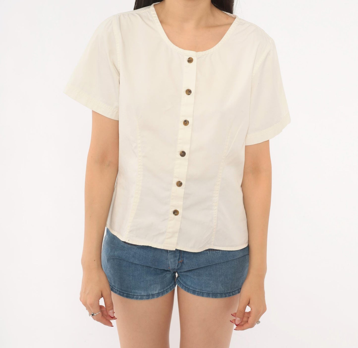 Y2K REI Cream Cotton Button-Front Blouse Short Sleeve Small